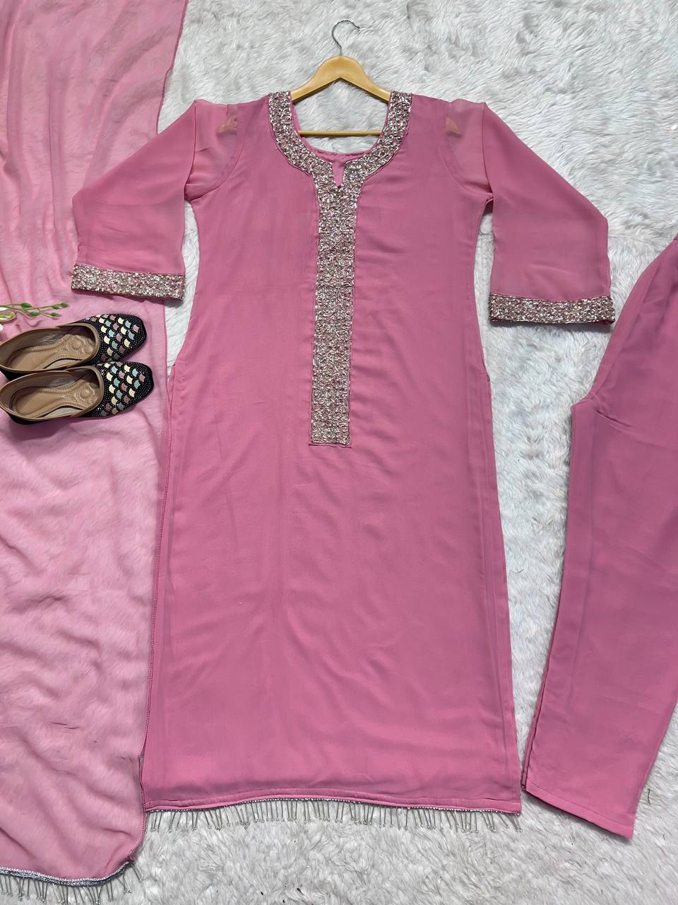 Party Wear Suit Pent And Dupatta With Real Moti Hand Work