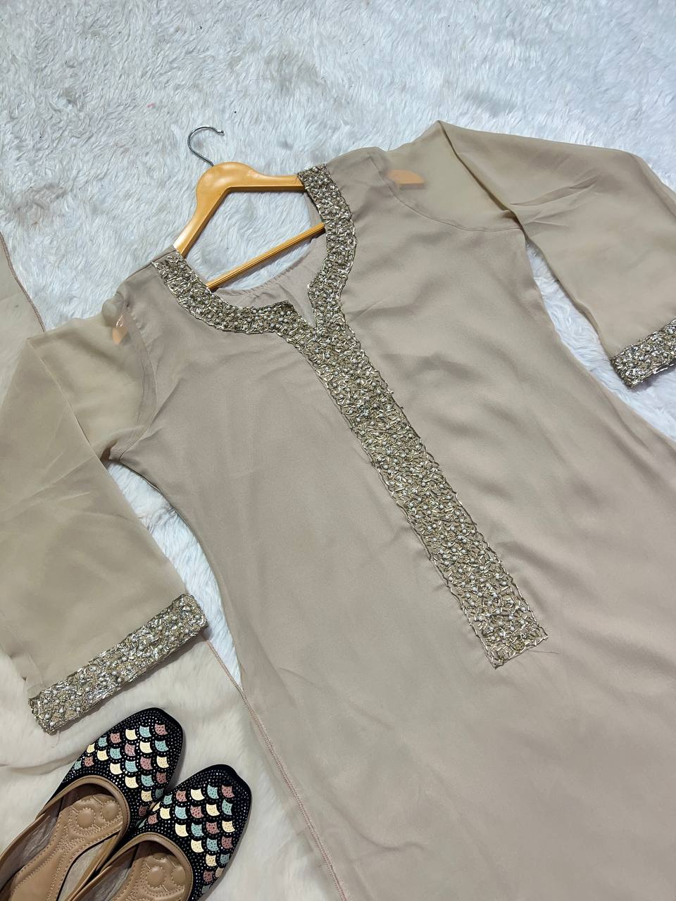 Party Wear Suit Pent And Dupatta With Real Moti Hand Work