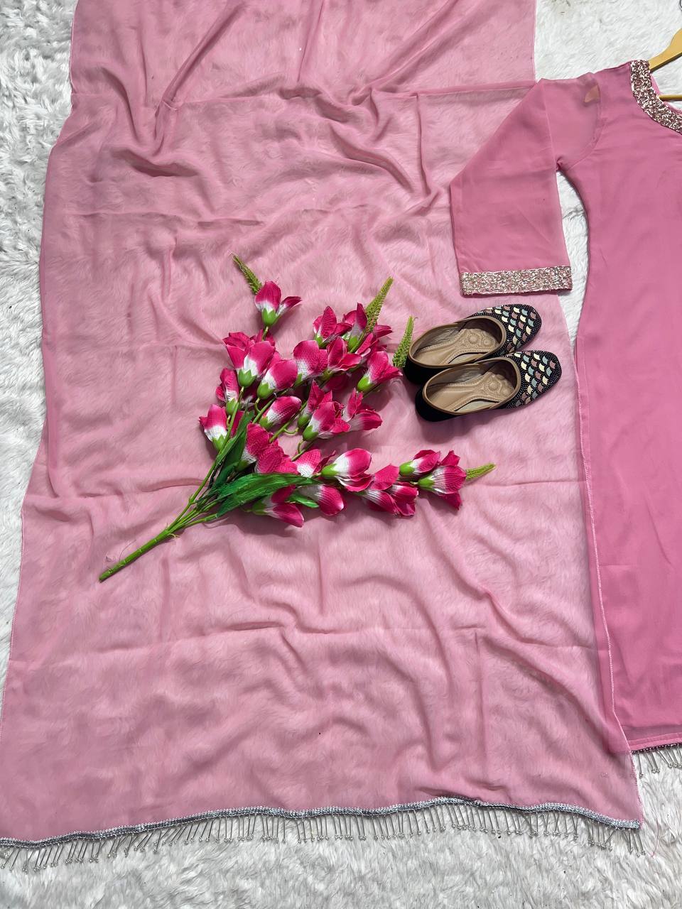 Party Wear Suit Pent And Dupatta With Real Moti Hand Work