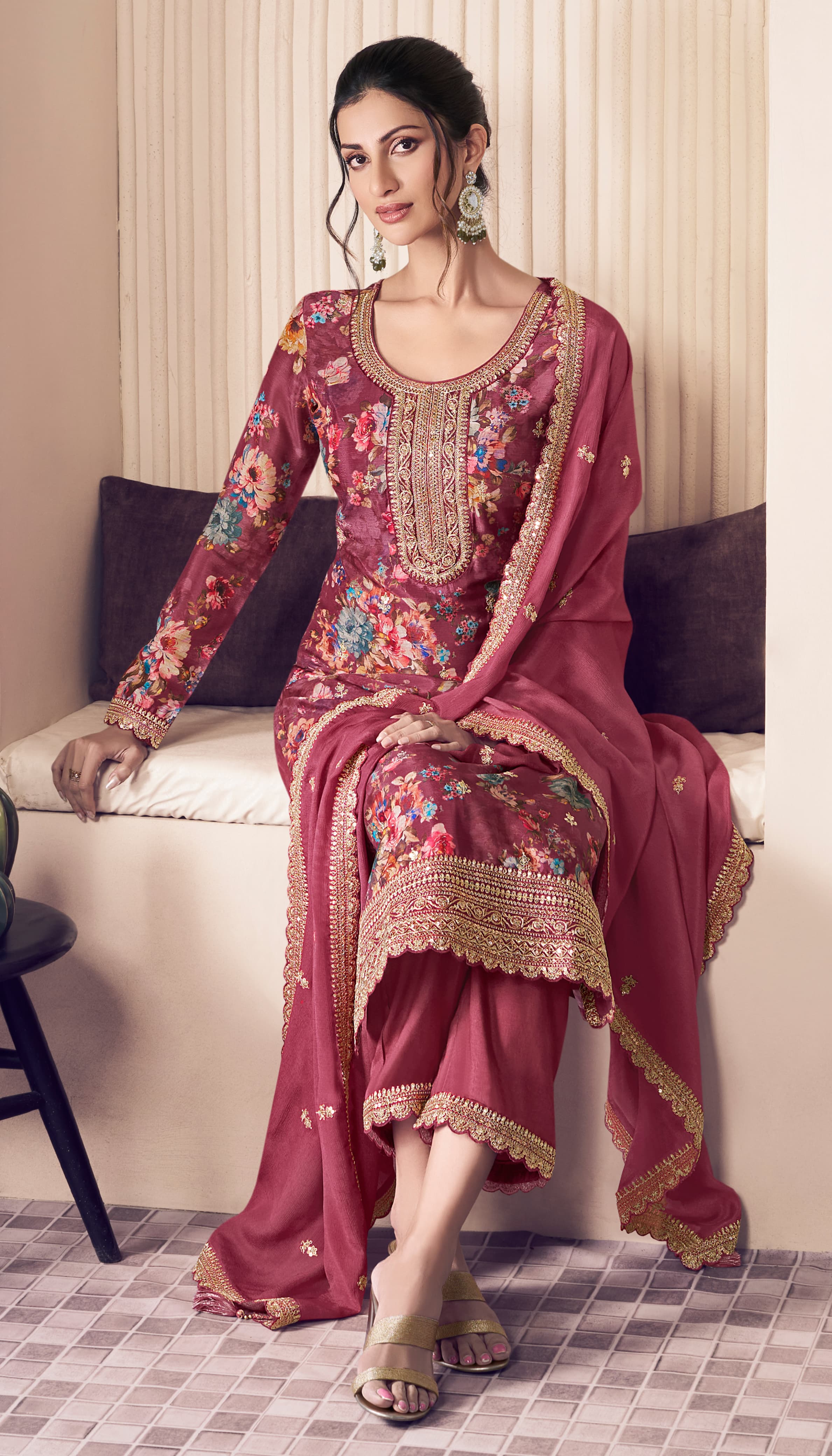Designer Suit Set With Embroidery Sequence Coding Work