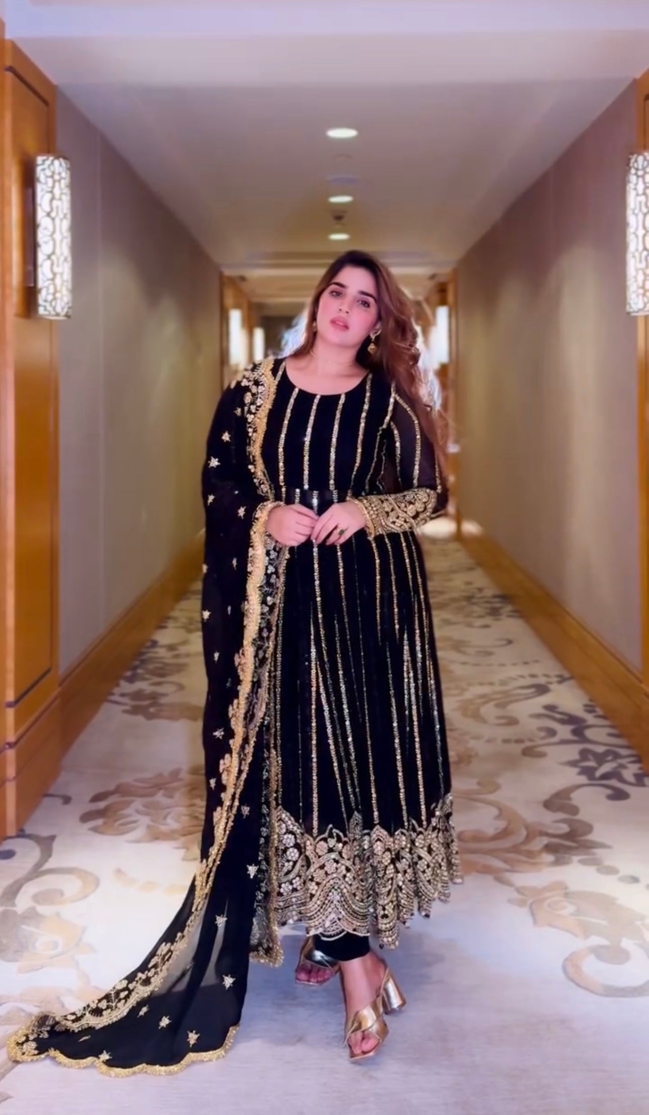 Fancy Naira Cut Gown, Bottom And Dupatta With Embroidery Sequence Work