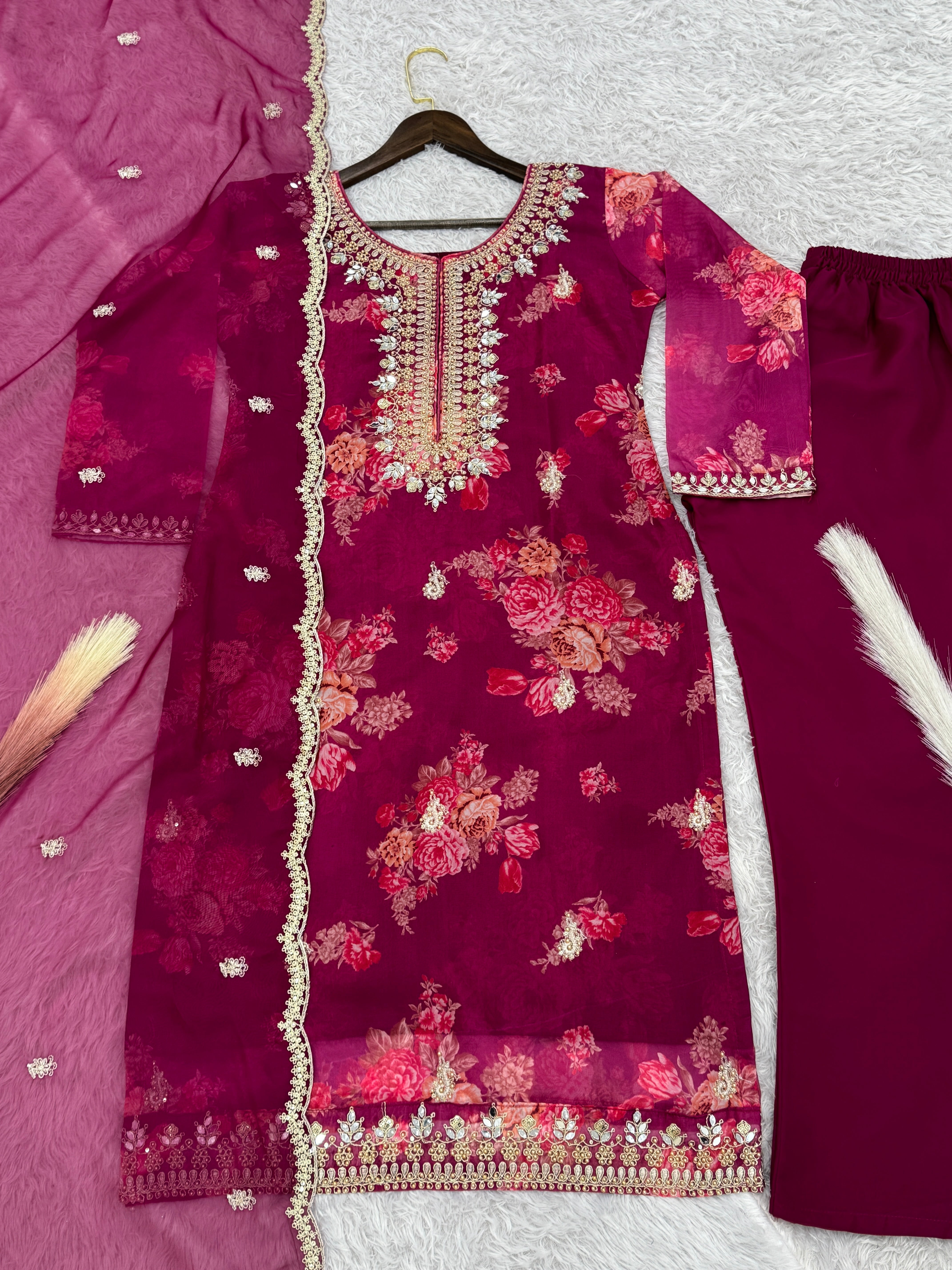 Fancy Top-Bottom And Dupatta With Embroidery Coding Dori-Sequence Work