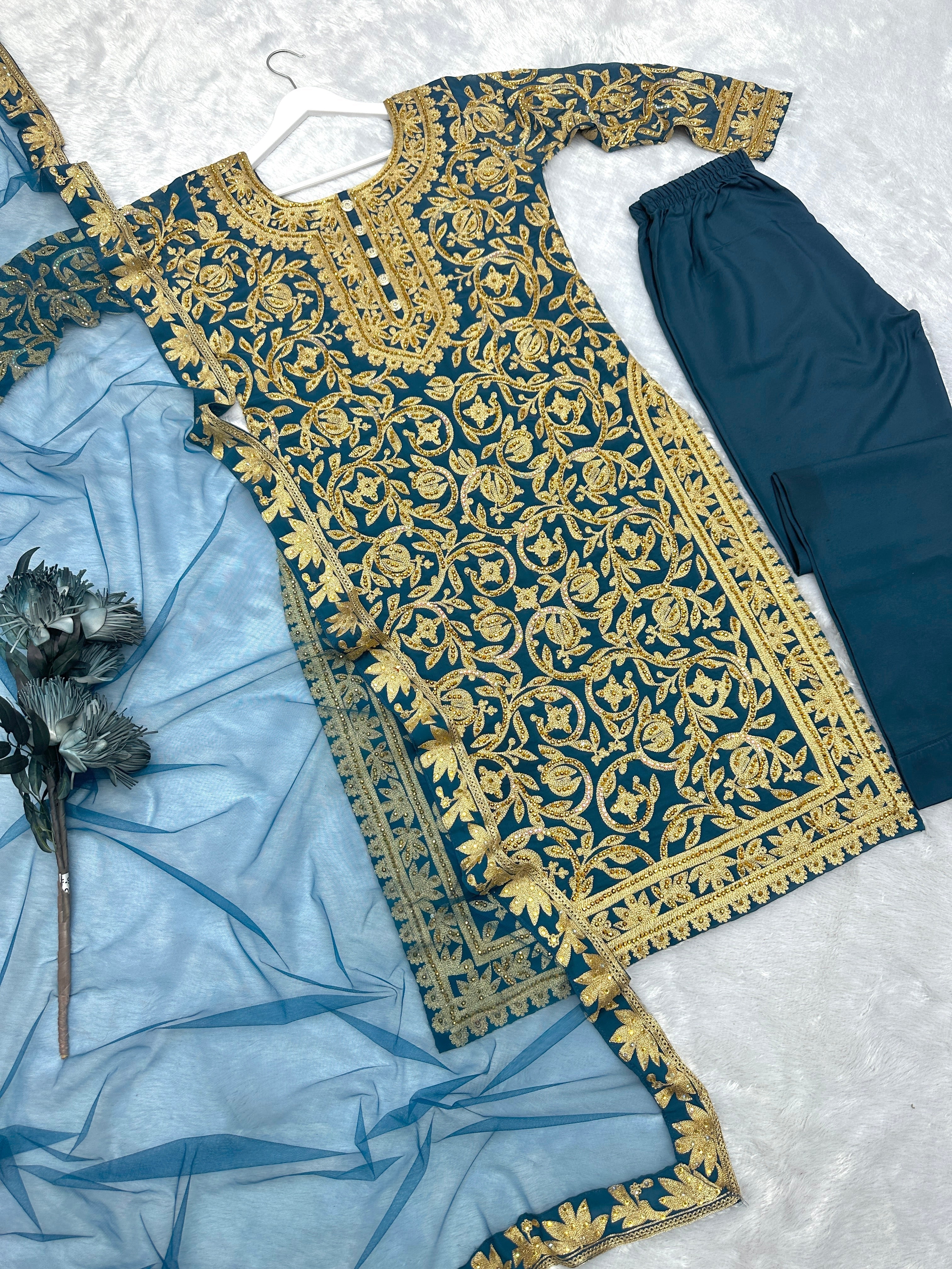 Beautiful Top - Bottom With Dupatta With Embroidery And Stone Hand Work