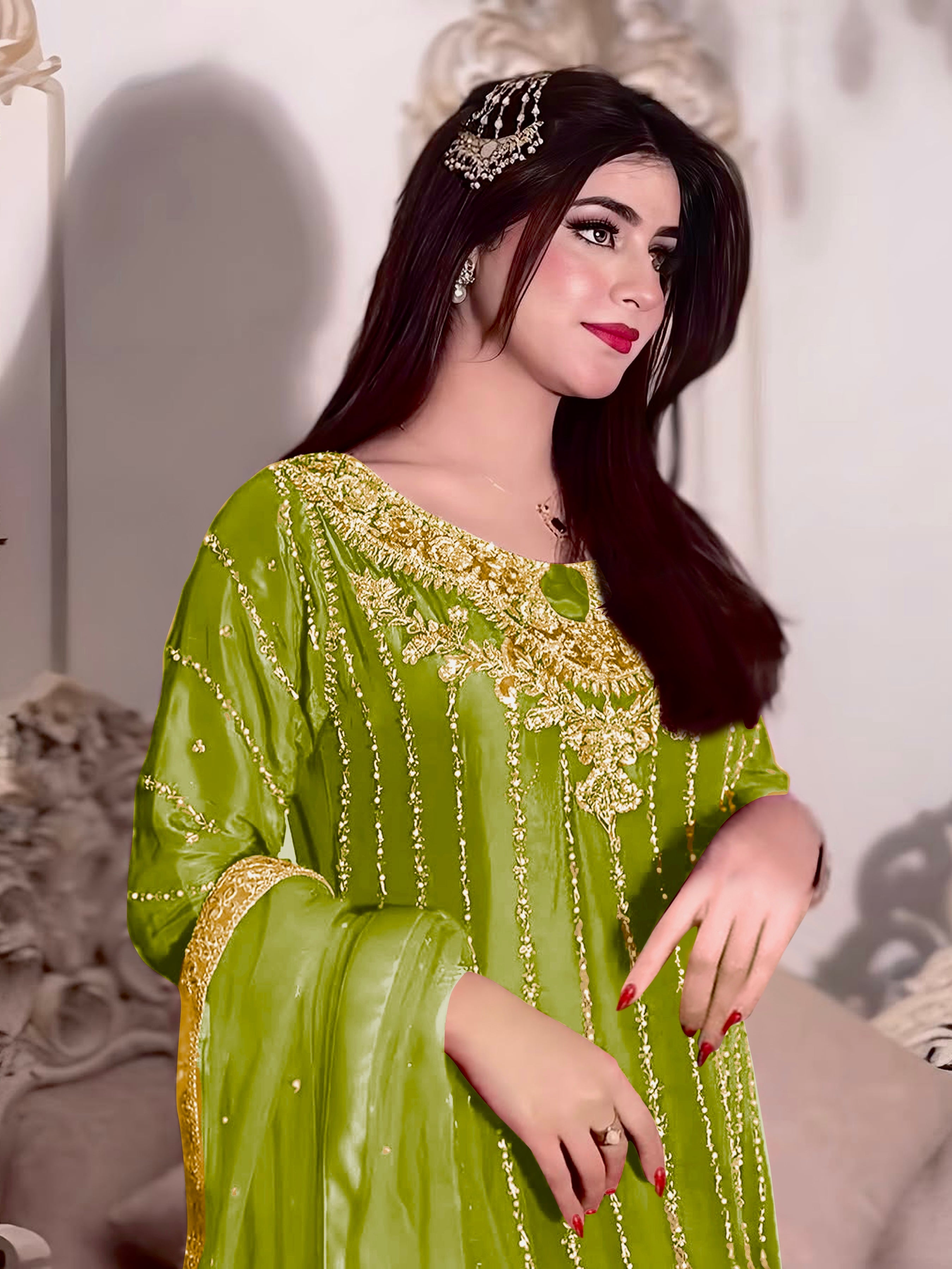 Designer Party Wear Look Suit Set With Rivet Moti Work