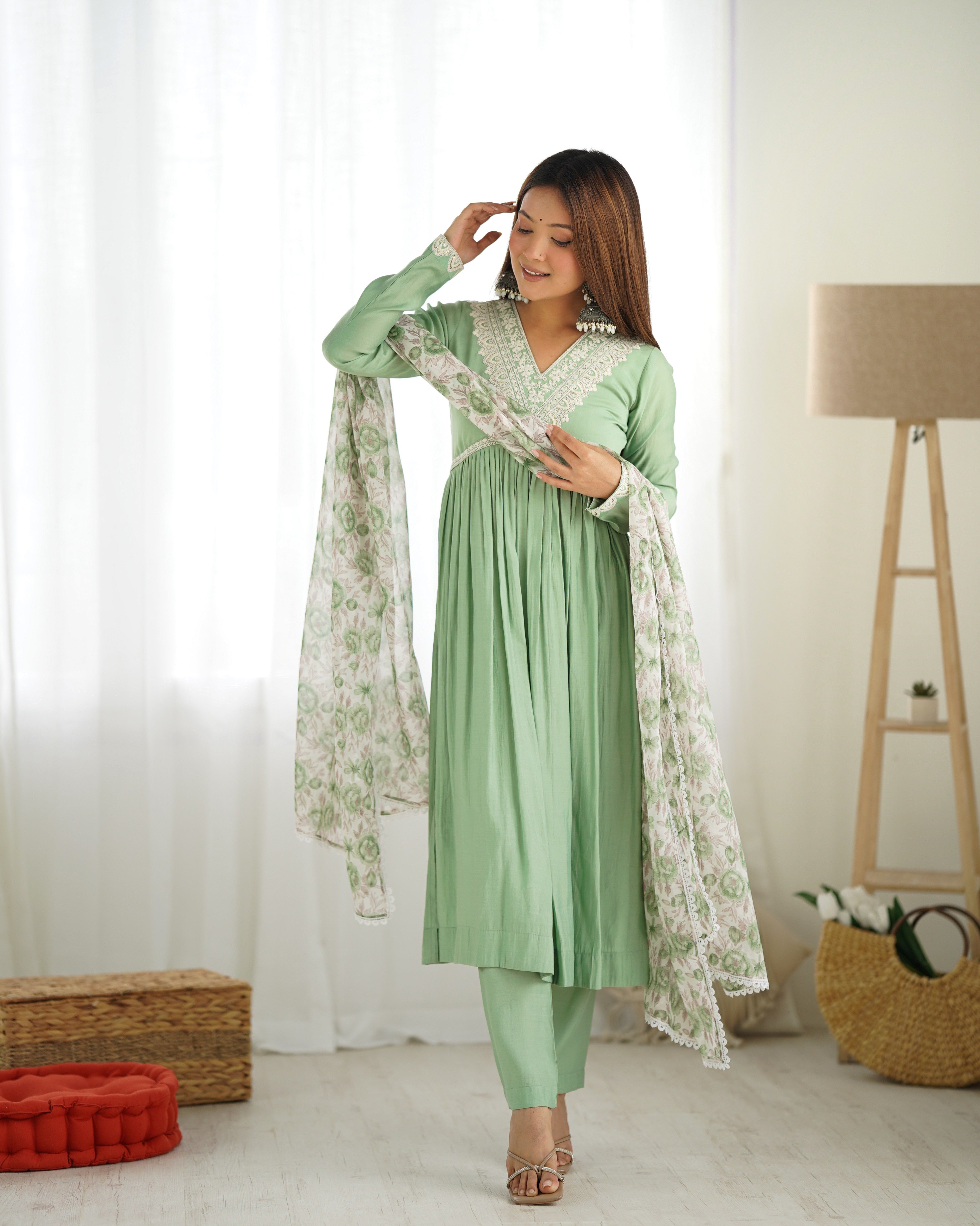 Beautiful Party Wear Naira Cut Kurti Pent And Dupatta