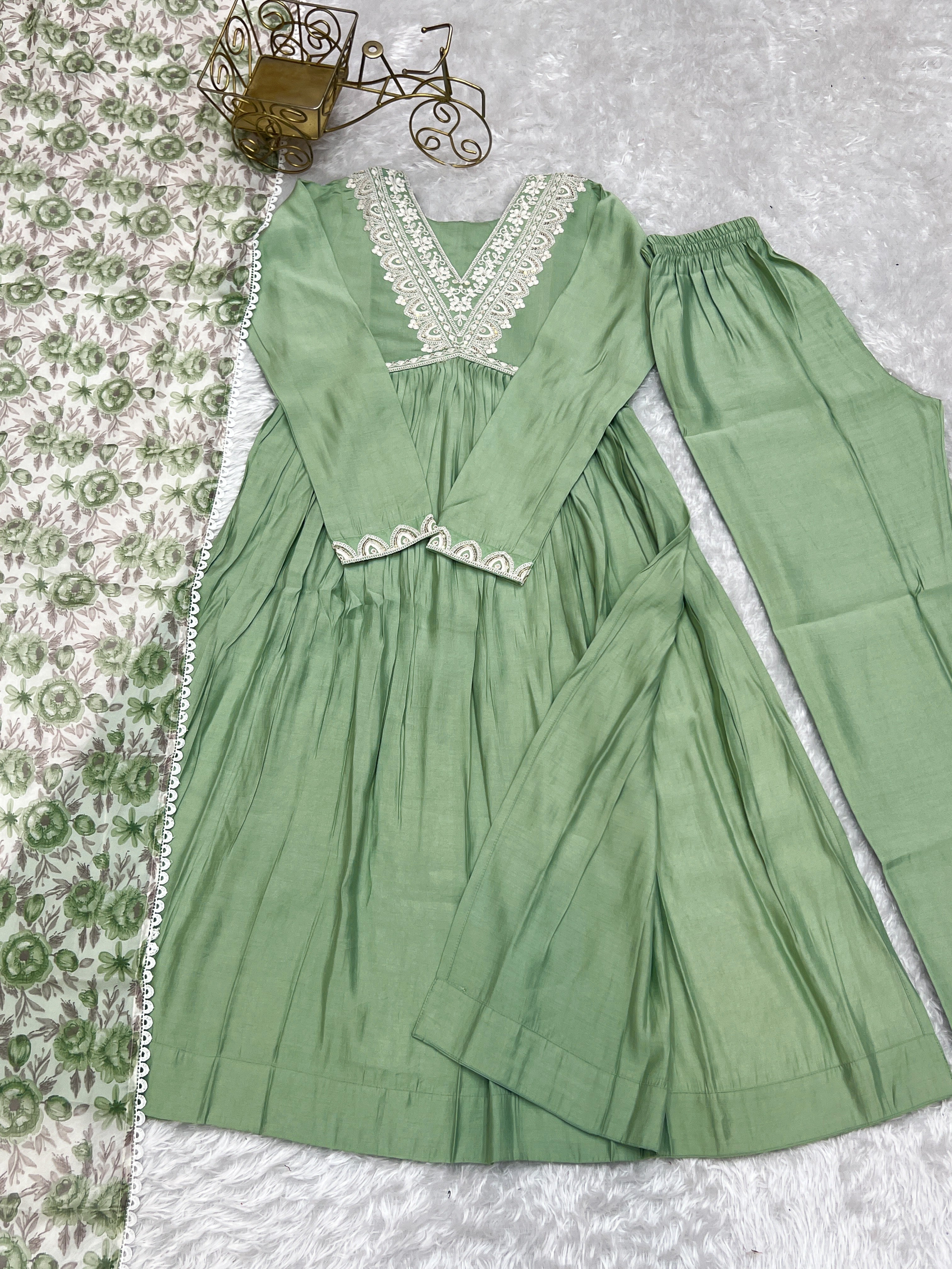 Beautiful Party Wear Naira Cut Kurti Pent And Dupatta