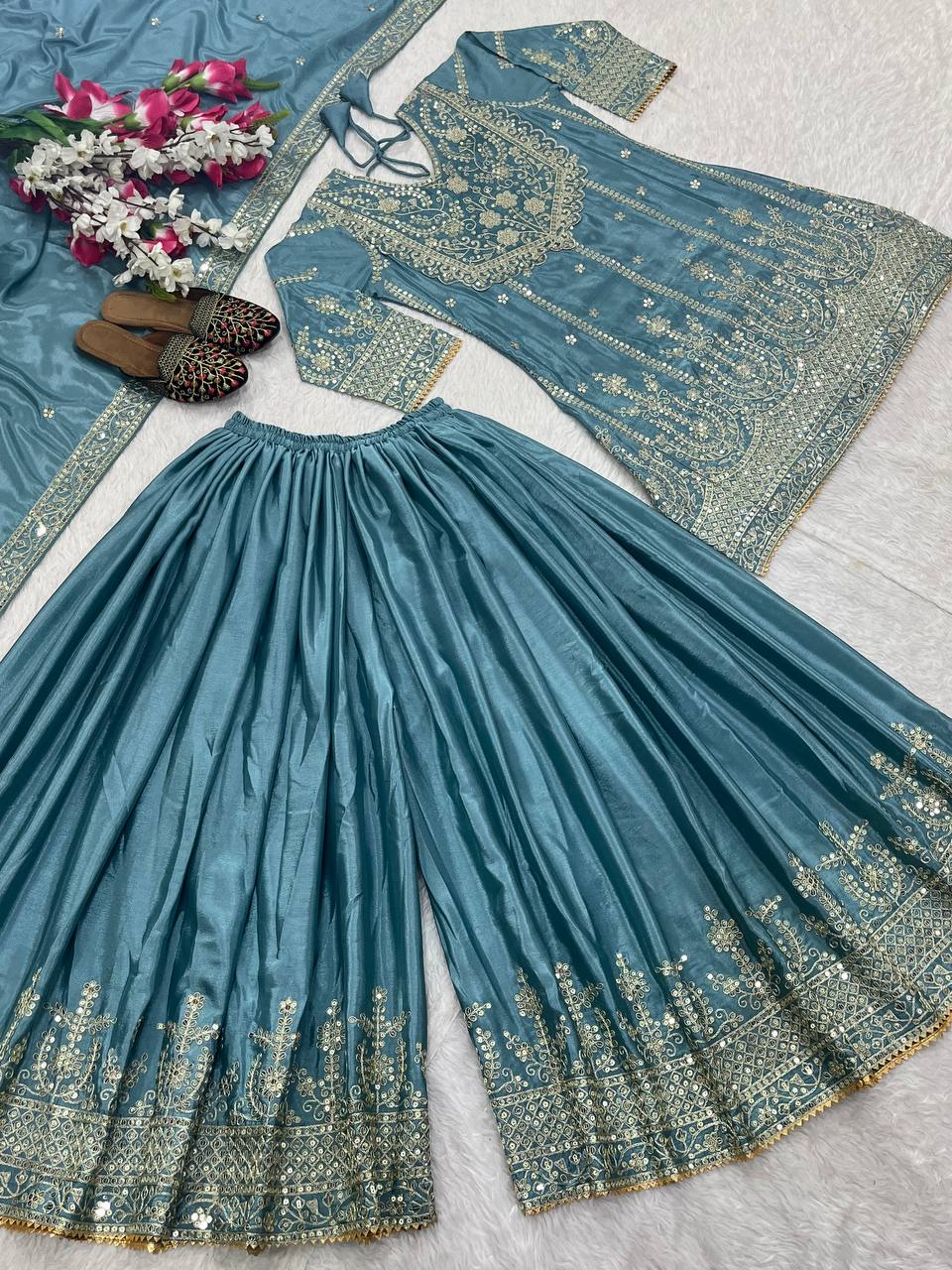 Designer Party Wear Look Top-Plazzo And Dupatta With Embroidery Work