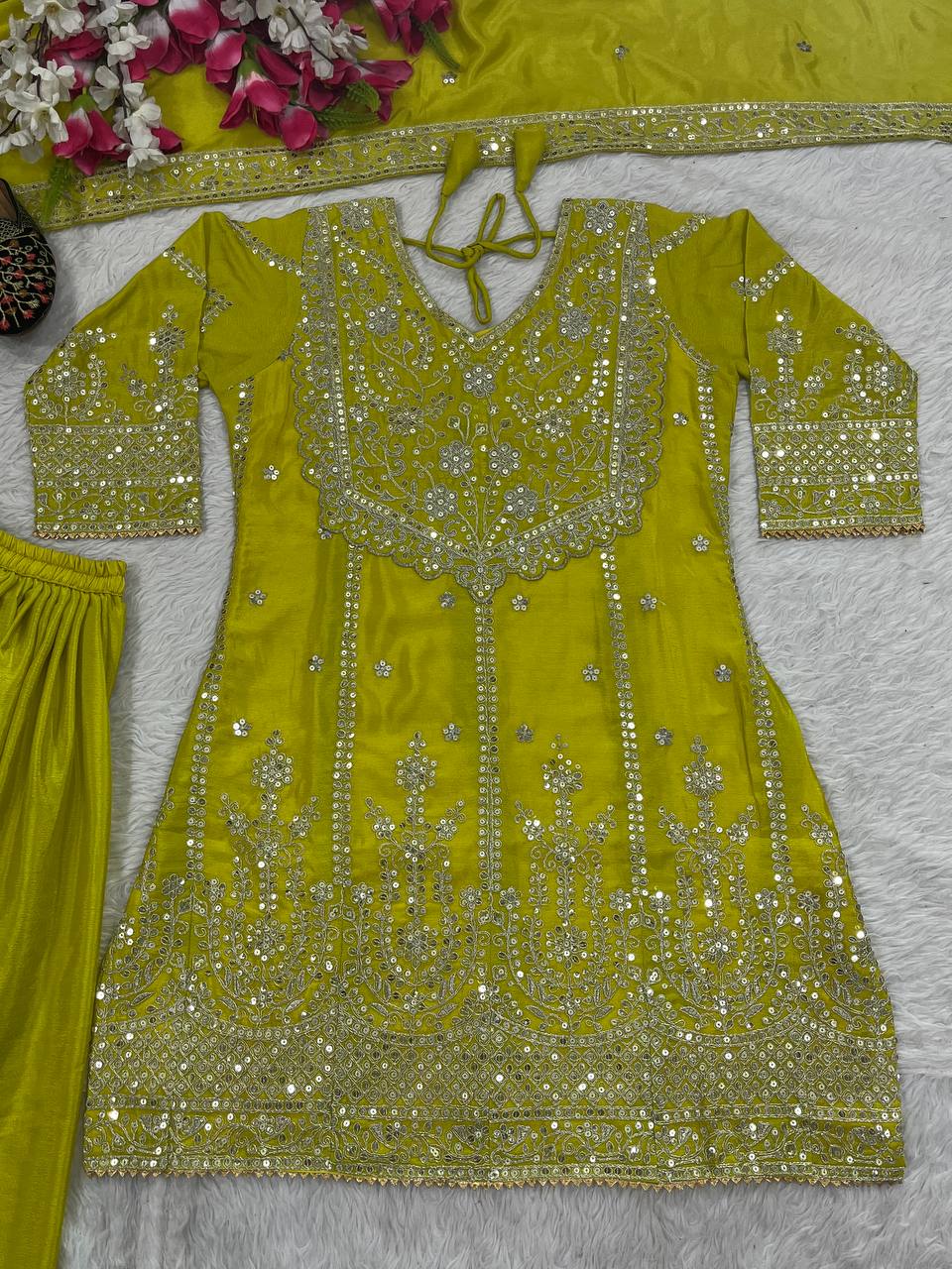 Designer Party Wear Look Top-Plazzo And Dupatta With Embroidery Work