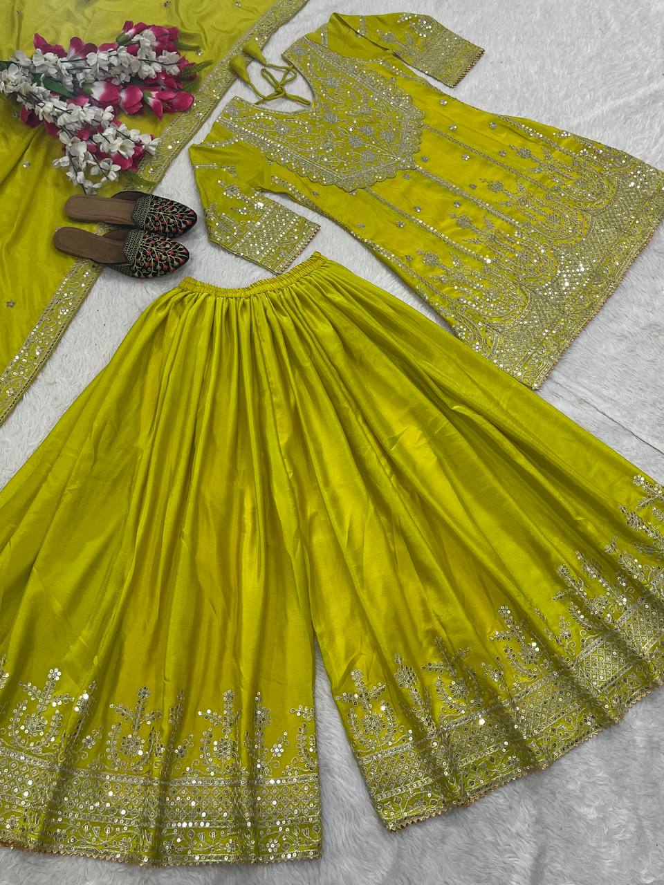 Designer Party Wear Look Top-Plazzo And Dupatta With Embroidery Work