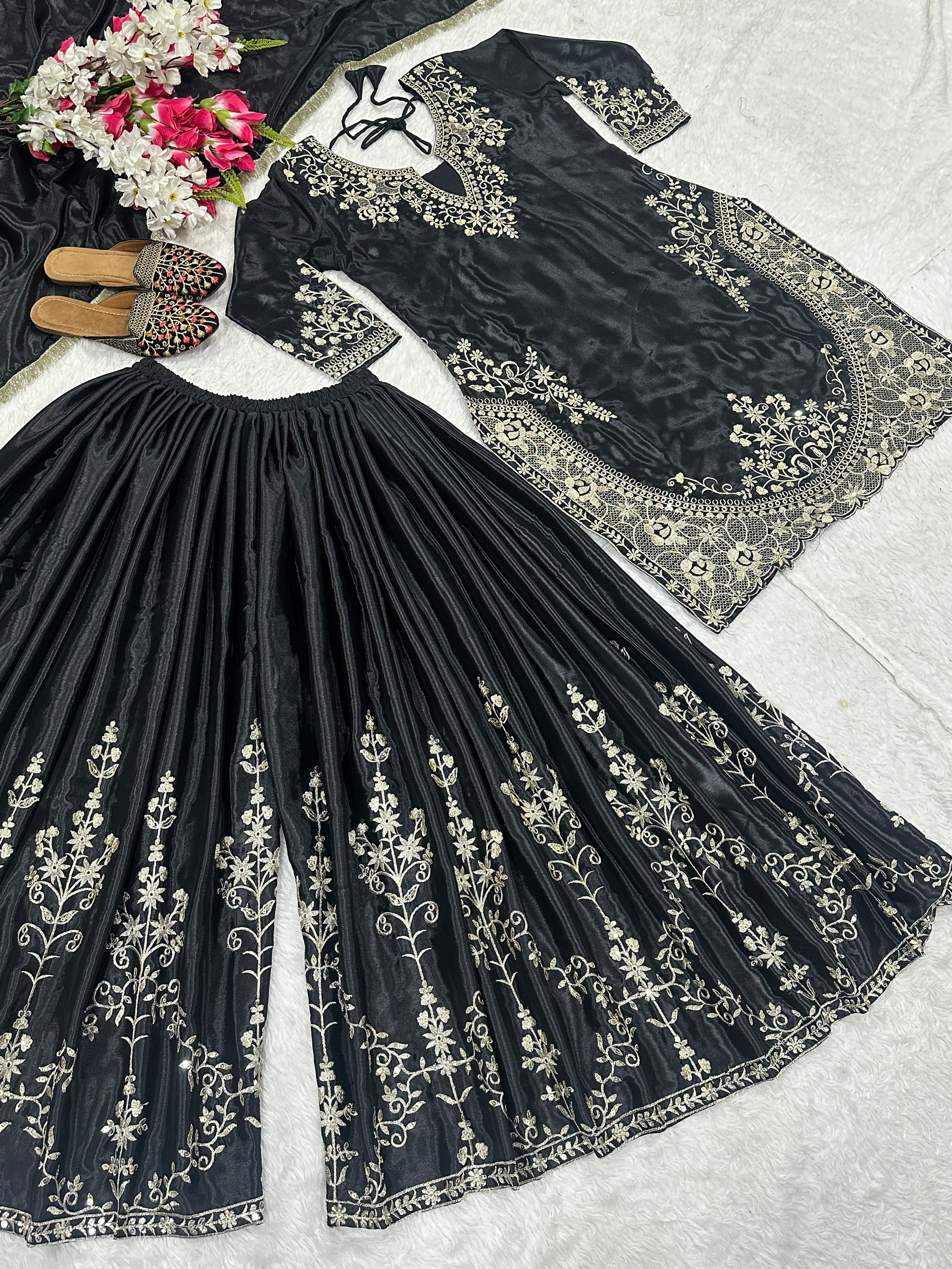 Designer Party Wear Look Top , Sharara Plazzo And Dupatta