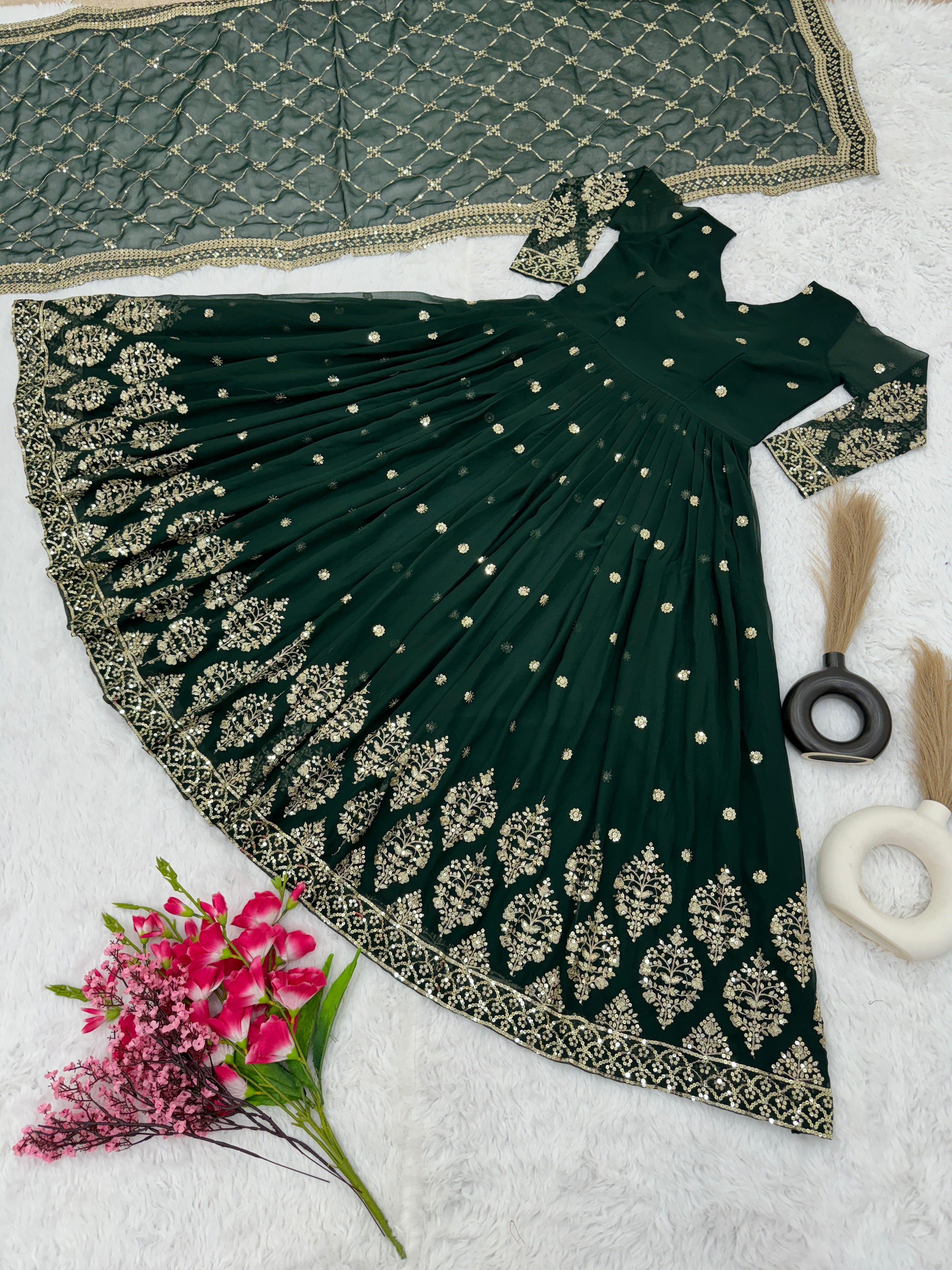 Designer Party Wear Look Full Heavy Embroidery Sequence Work Gown With Fully Stitched And Dupatta