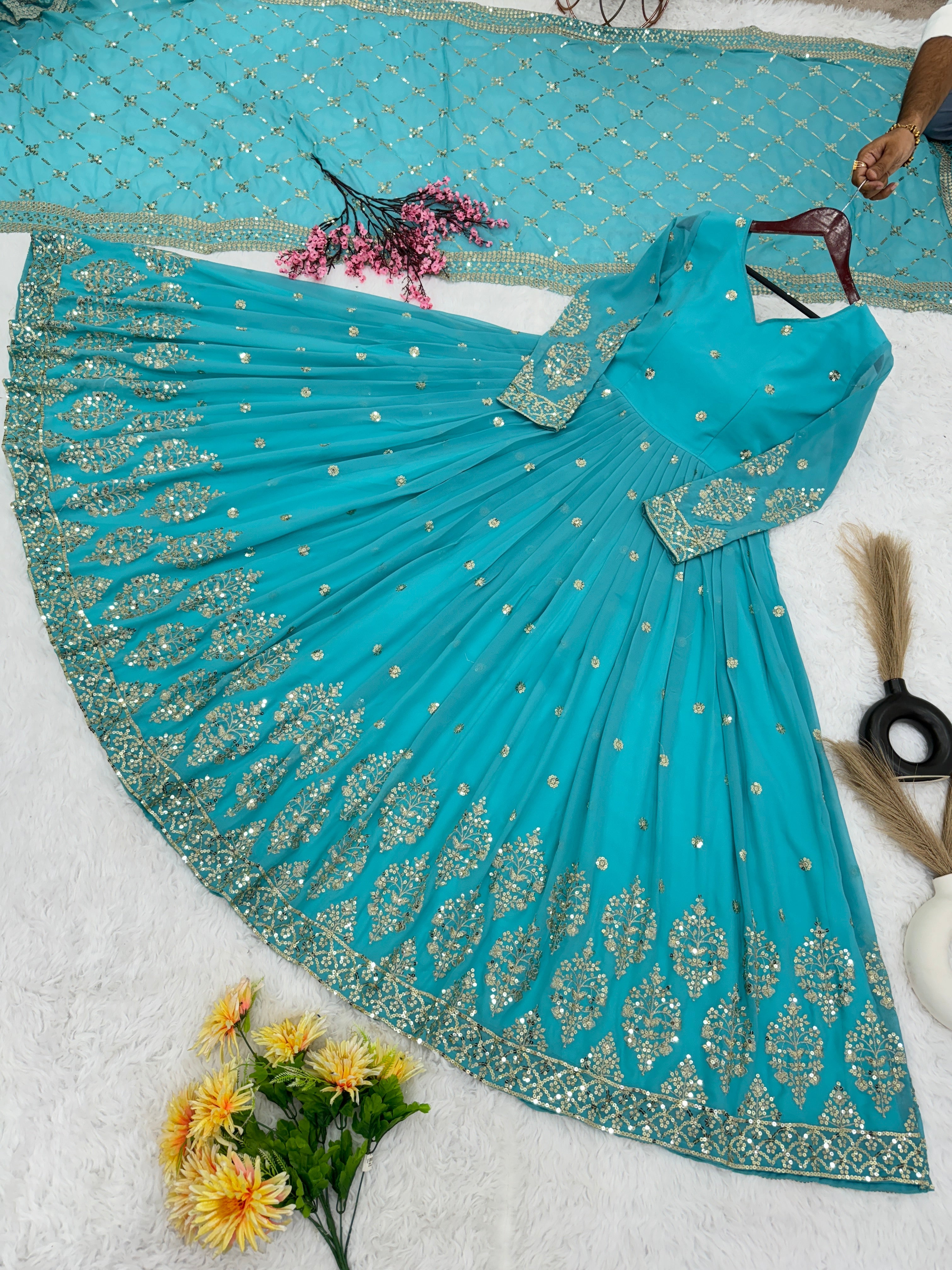 Designer Party Wear Look Full Heavy Embroidery Sequence Work Gown With Fully Stitched And Dupatta