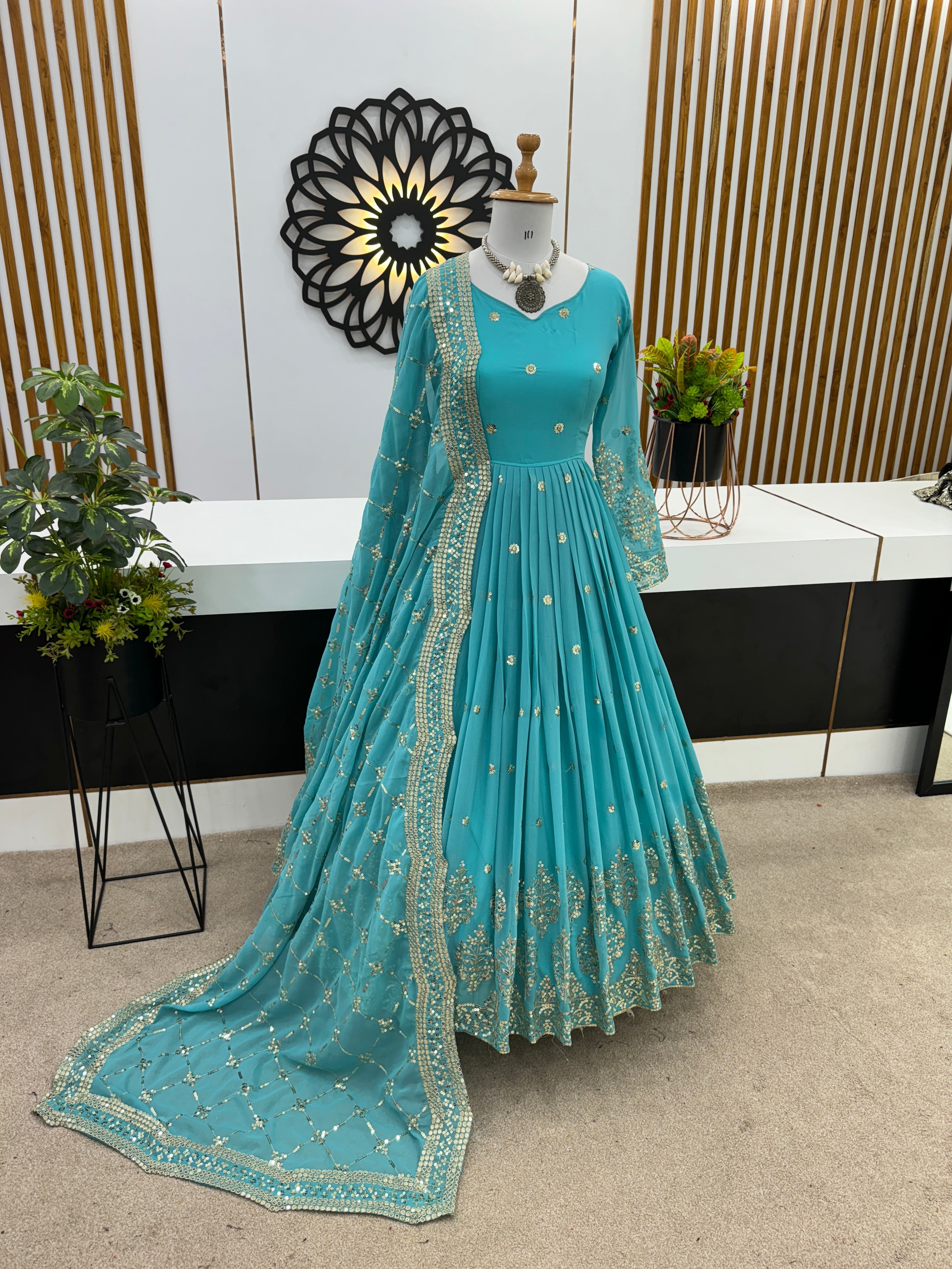 Designer Party Wear Look Full Heavy Embroidery Sequence Work Gown With Fully Stitched And Dupatta