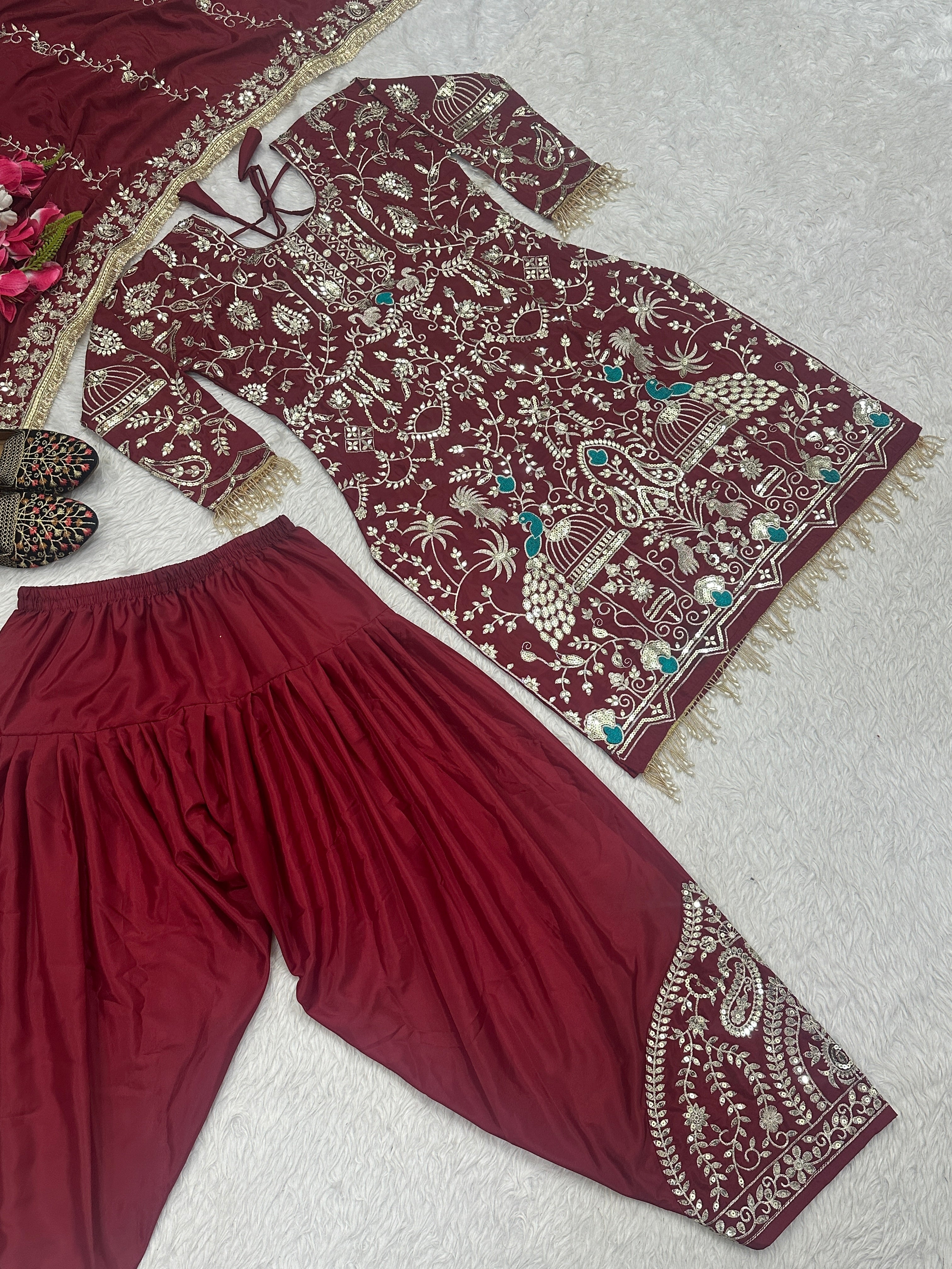 Designer Party Wear Look Top ,Dhoti Salwar And Dupatta