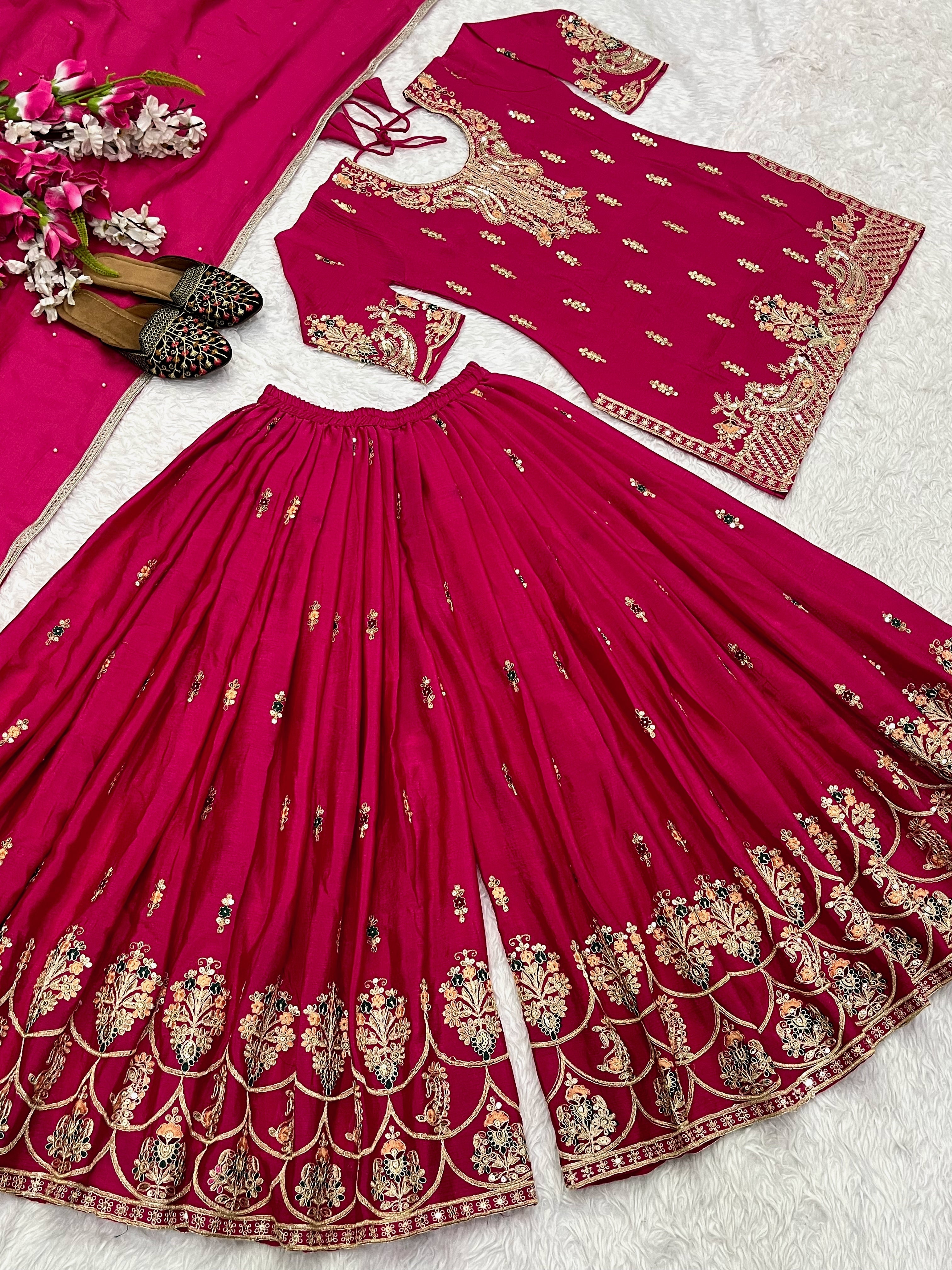 Designer Party Wear Look Top , Sharara Plazzo And Dupatta