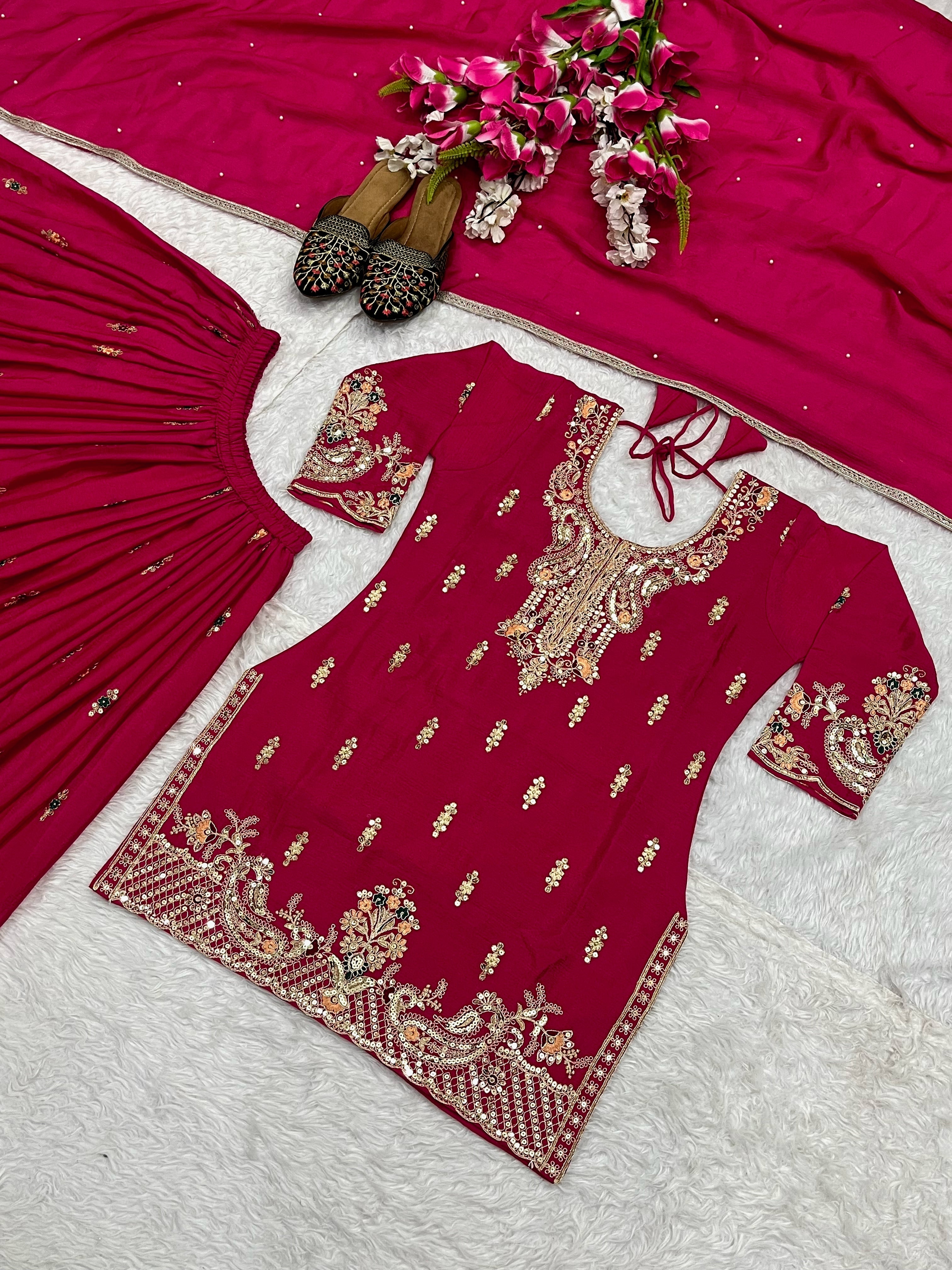 Designer Party Wear Look Top , Sharara Plazzo And Dupatta