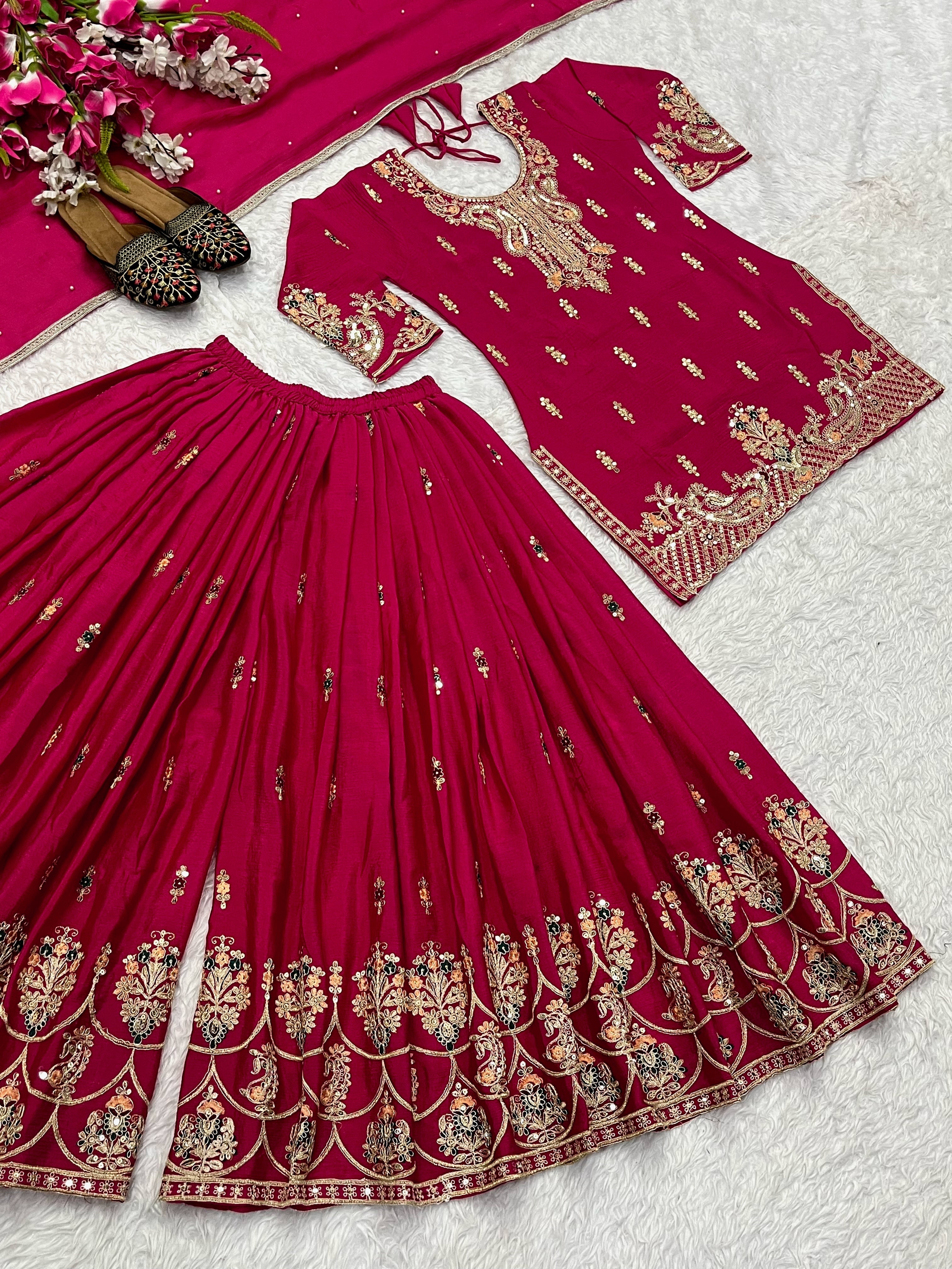 Designer Party Wear Look Top , Sharara Plazzo And Dupatta