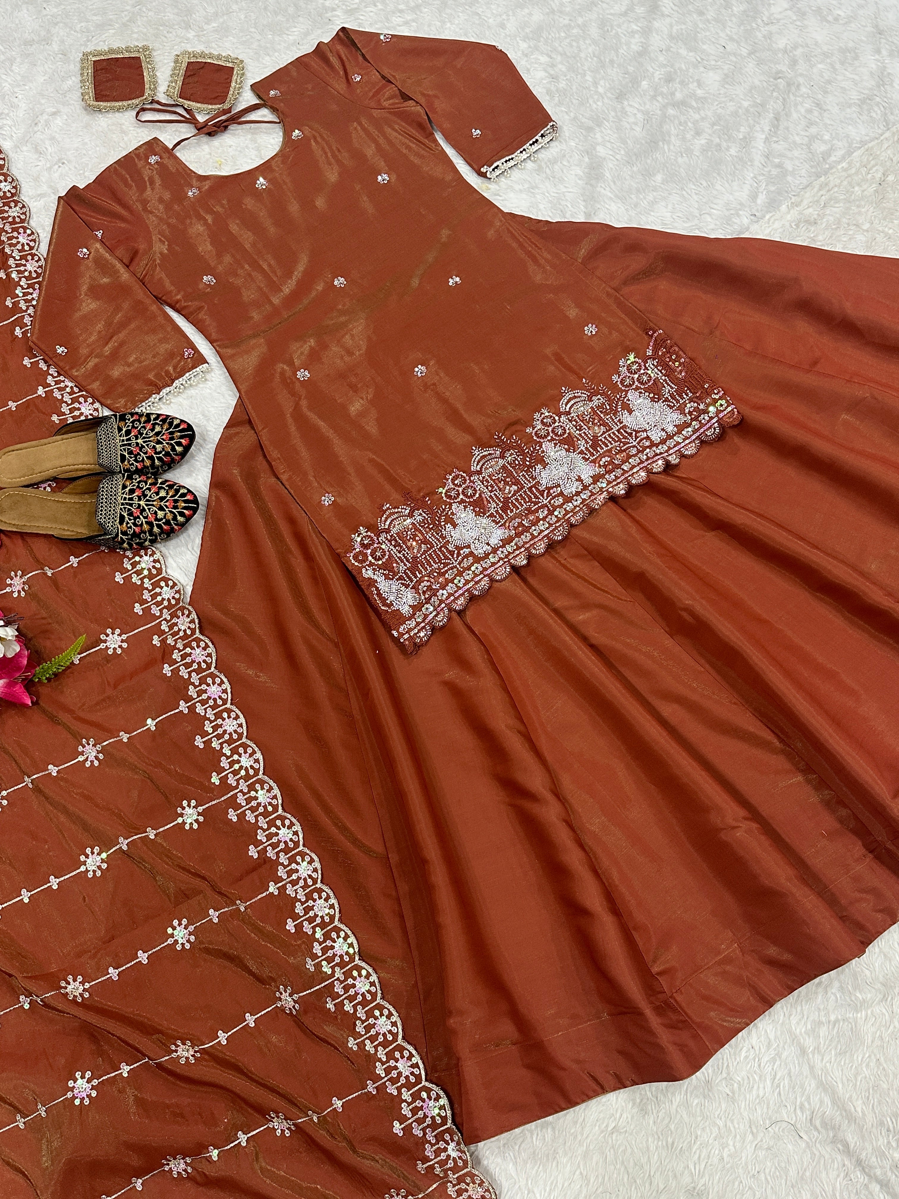 Designer Party Wear Top Lehenga With Multi Needle Embroidery Work