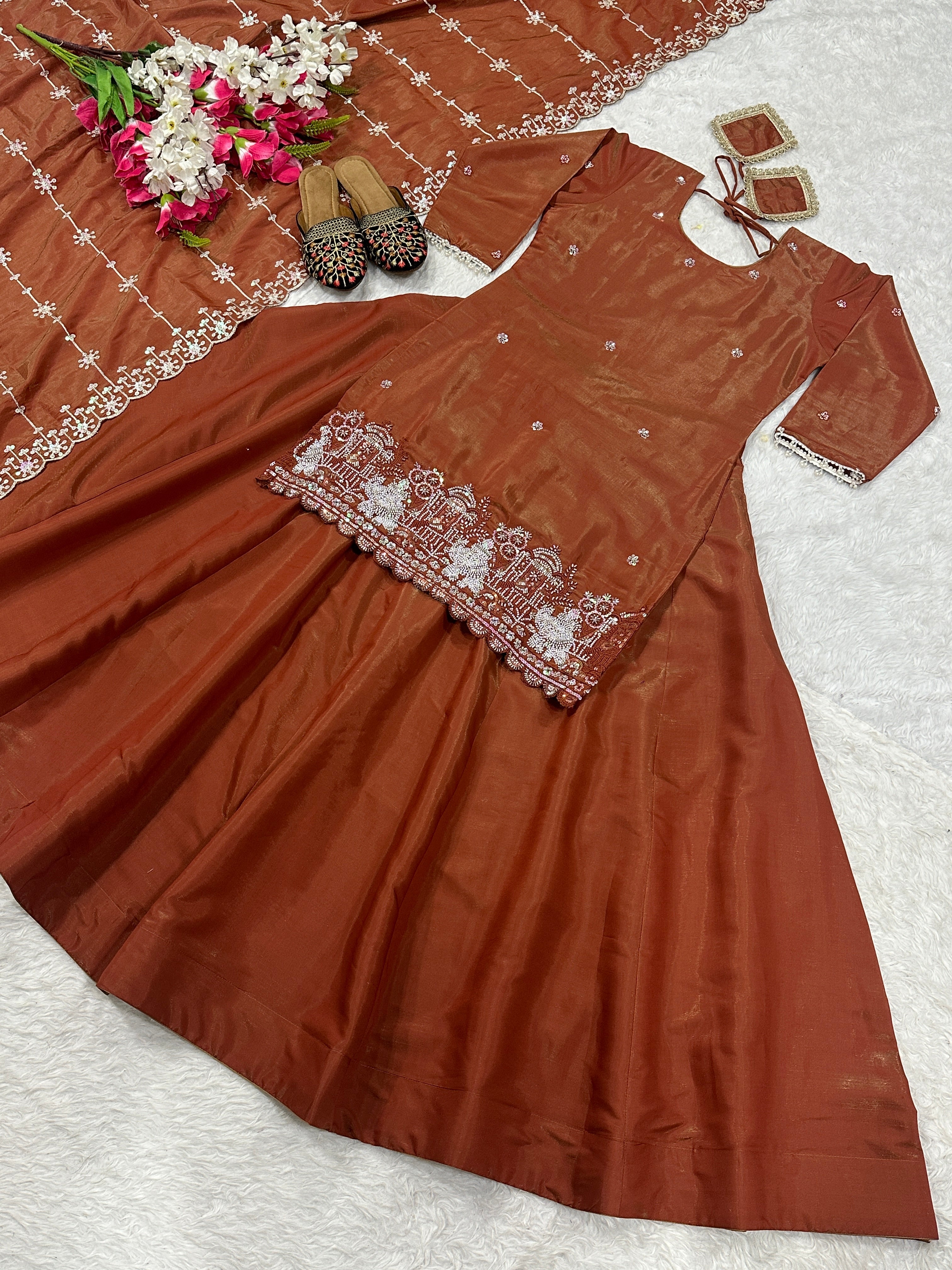 Designer Party Wear Top Lehenga With Multi Needle Embroidery Work