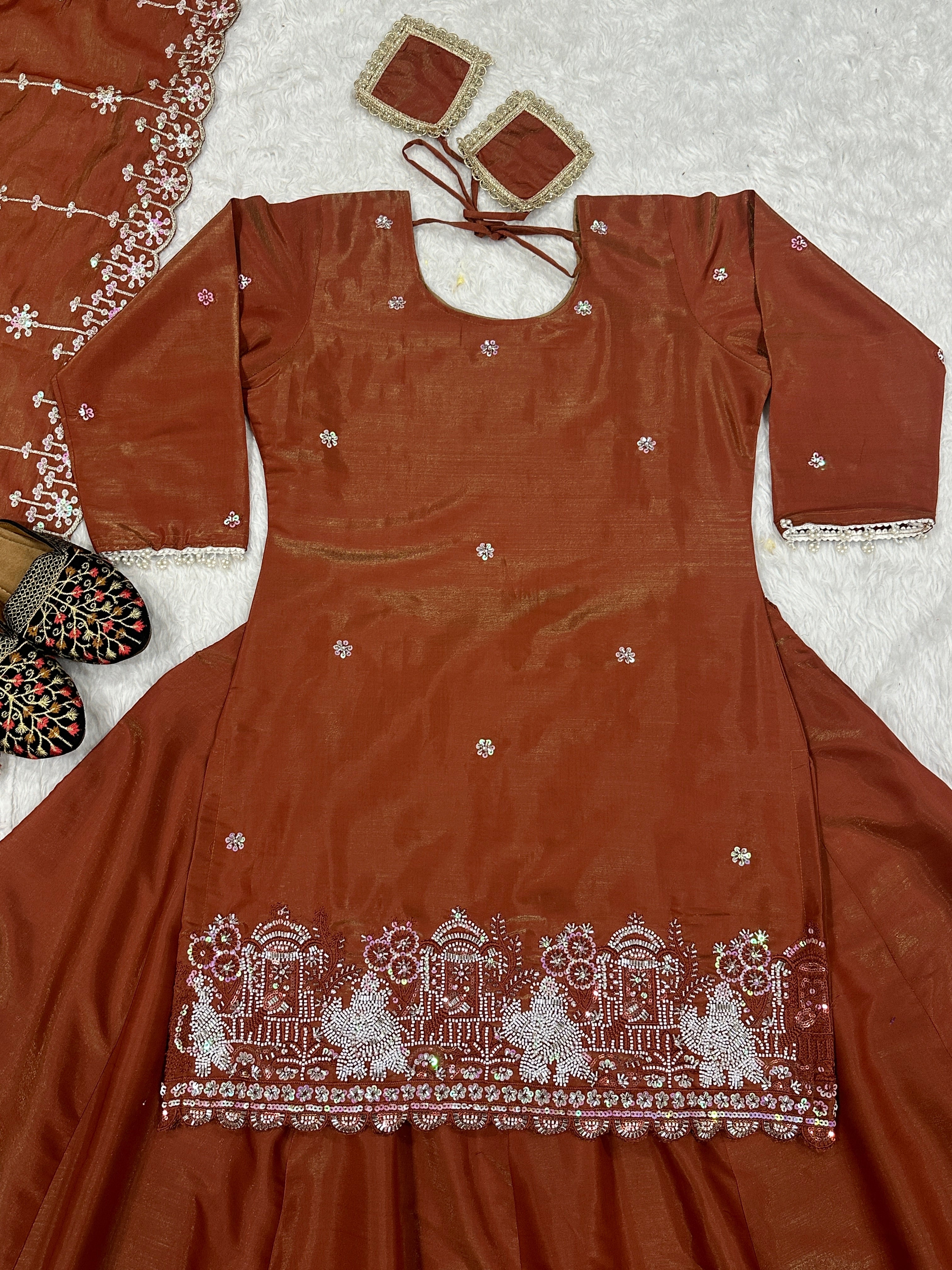 Designer Party Wear Top Lehenga With Multi Needle Embroidery Work