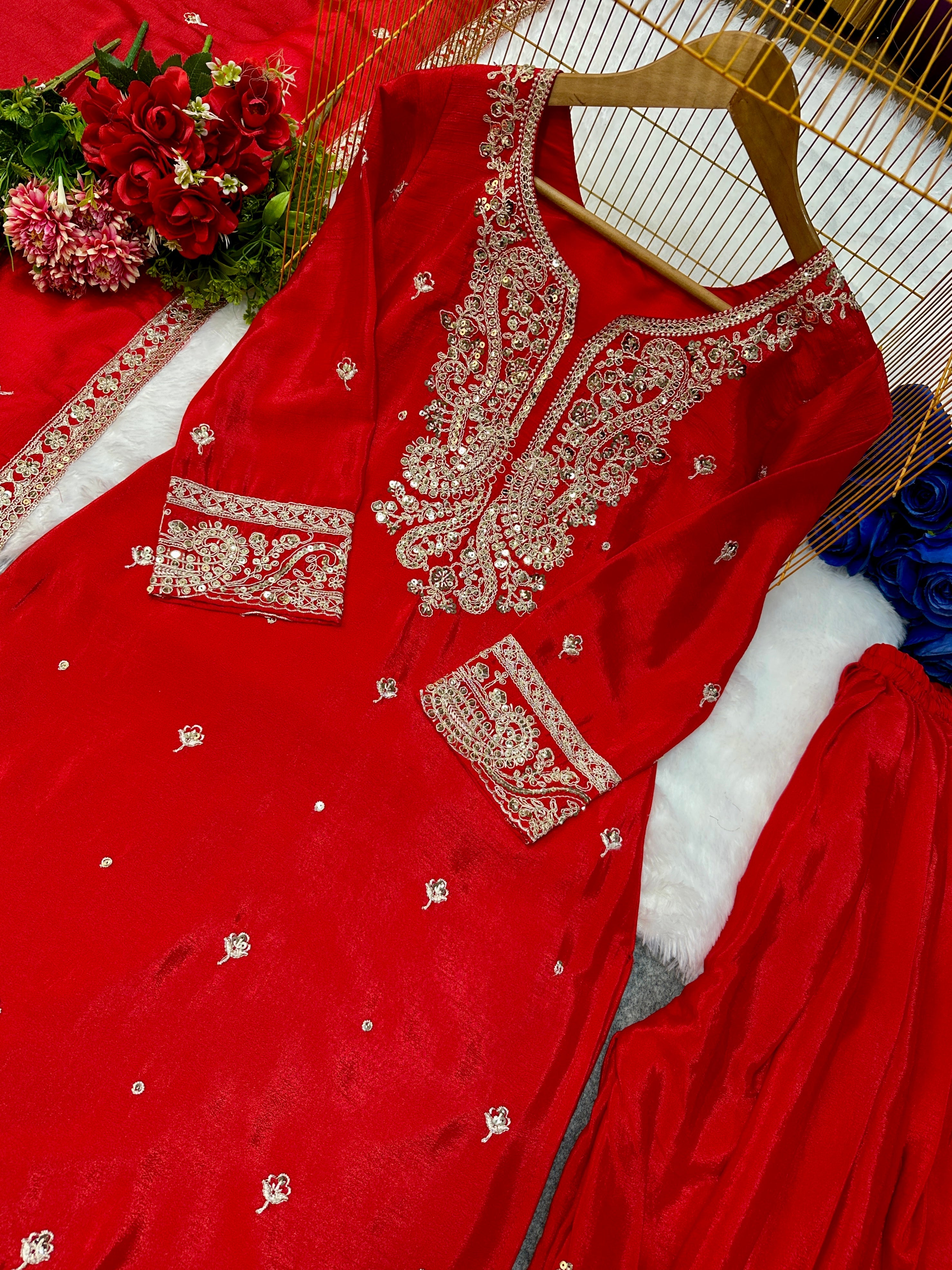 Party Wear Top Sarara And Dupatta With Embroidery Work