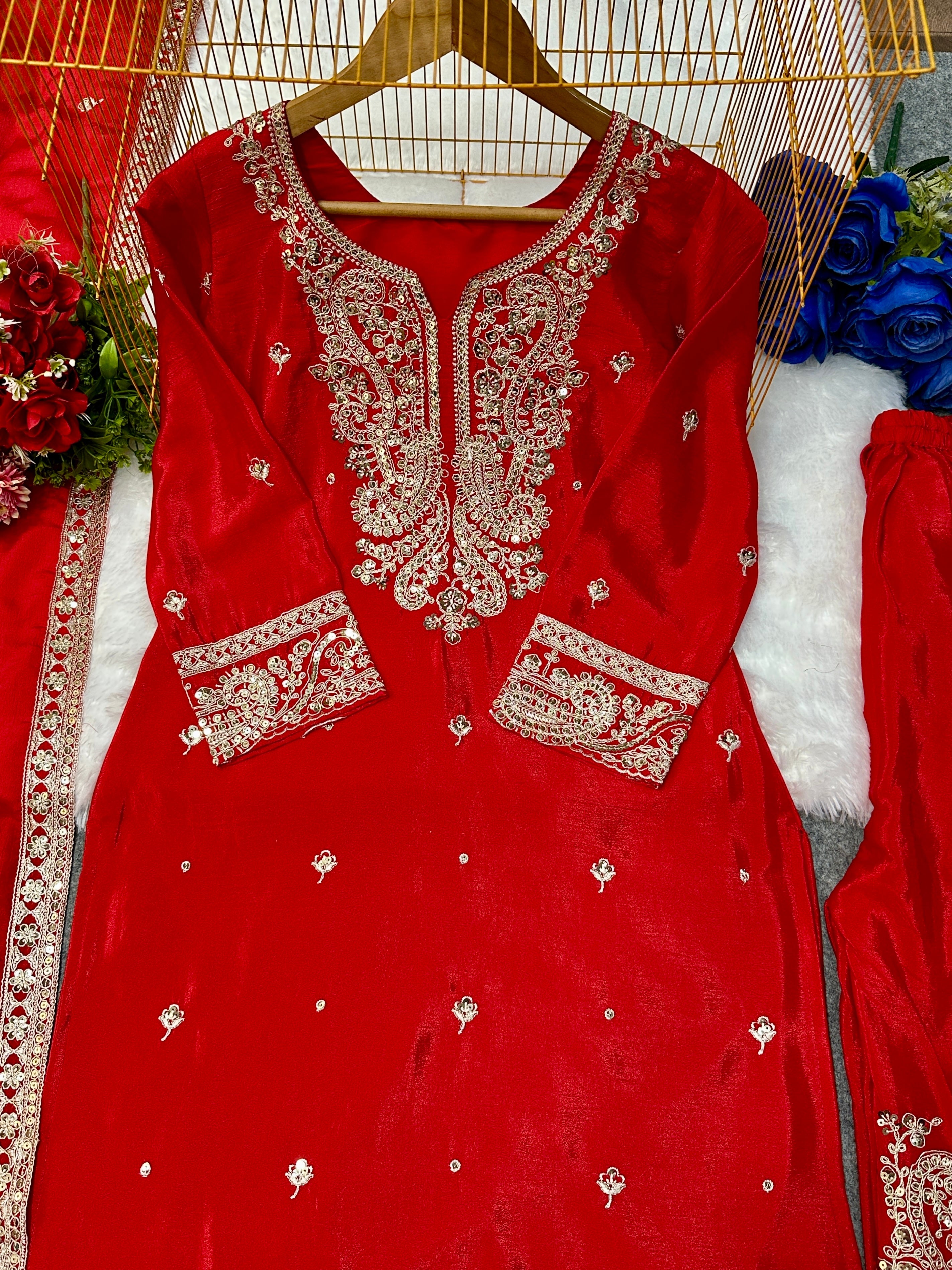 Party Wear Top Sarara And Dupatta With Embroidery Work