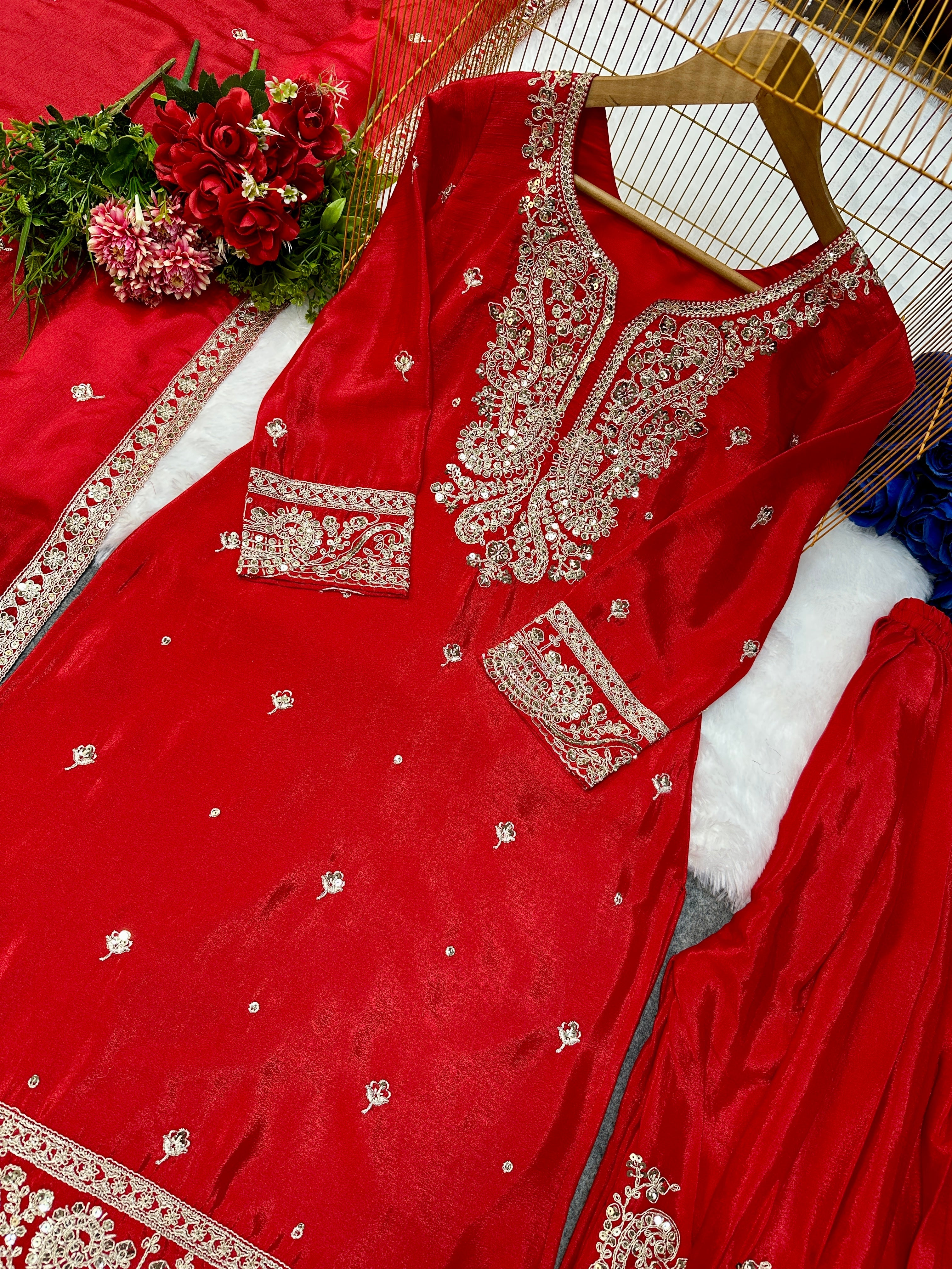 Party Wear Top Sarara And Dupatta With Embroidery Work