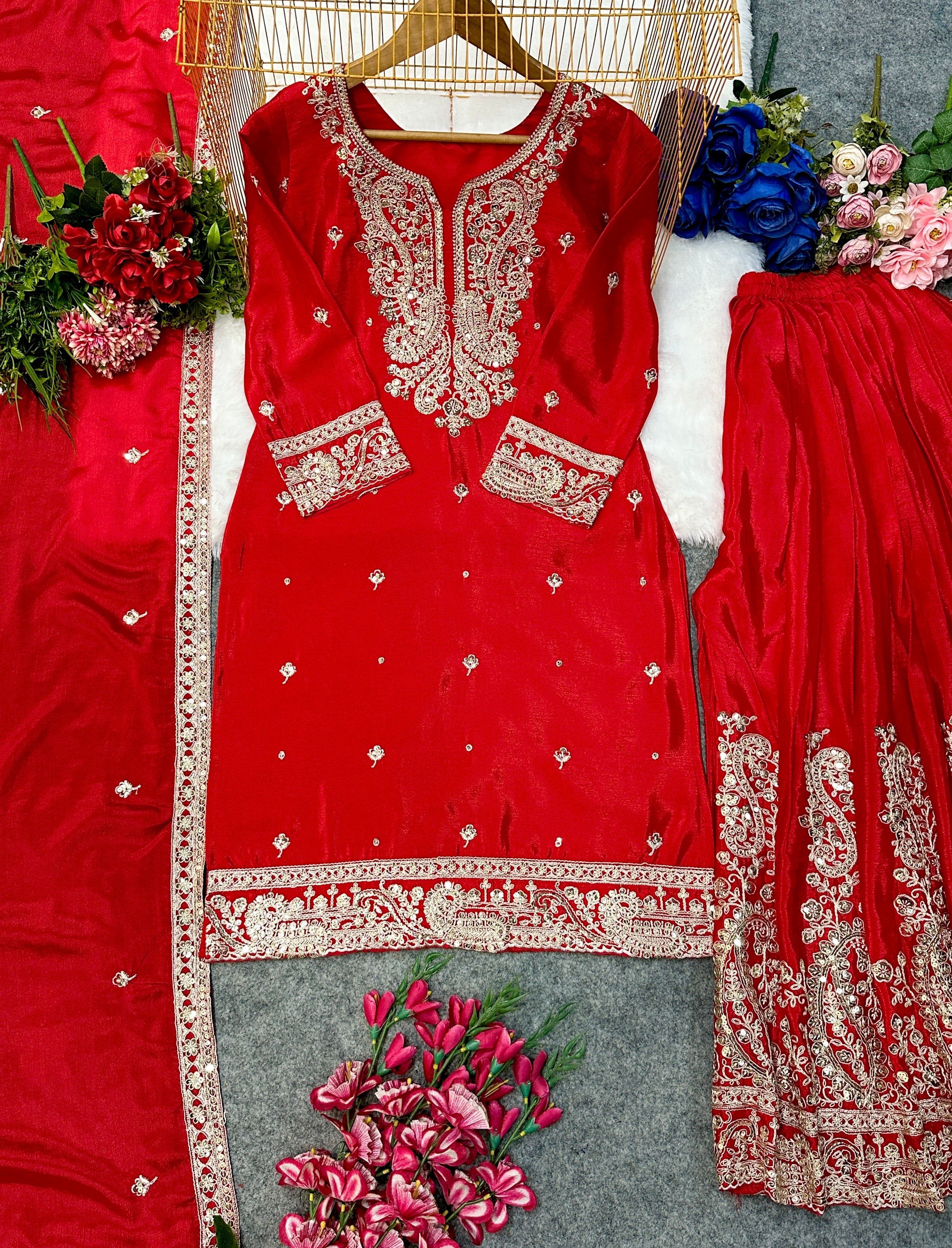 Party Wear Top Sarara And Dupatta With Embroidery Work