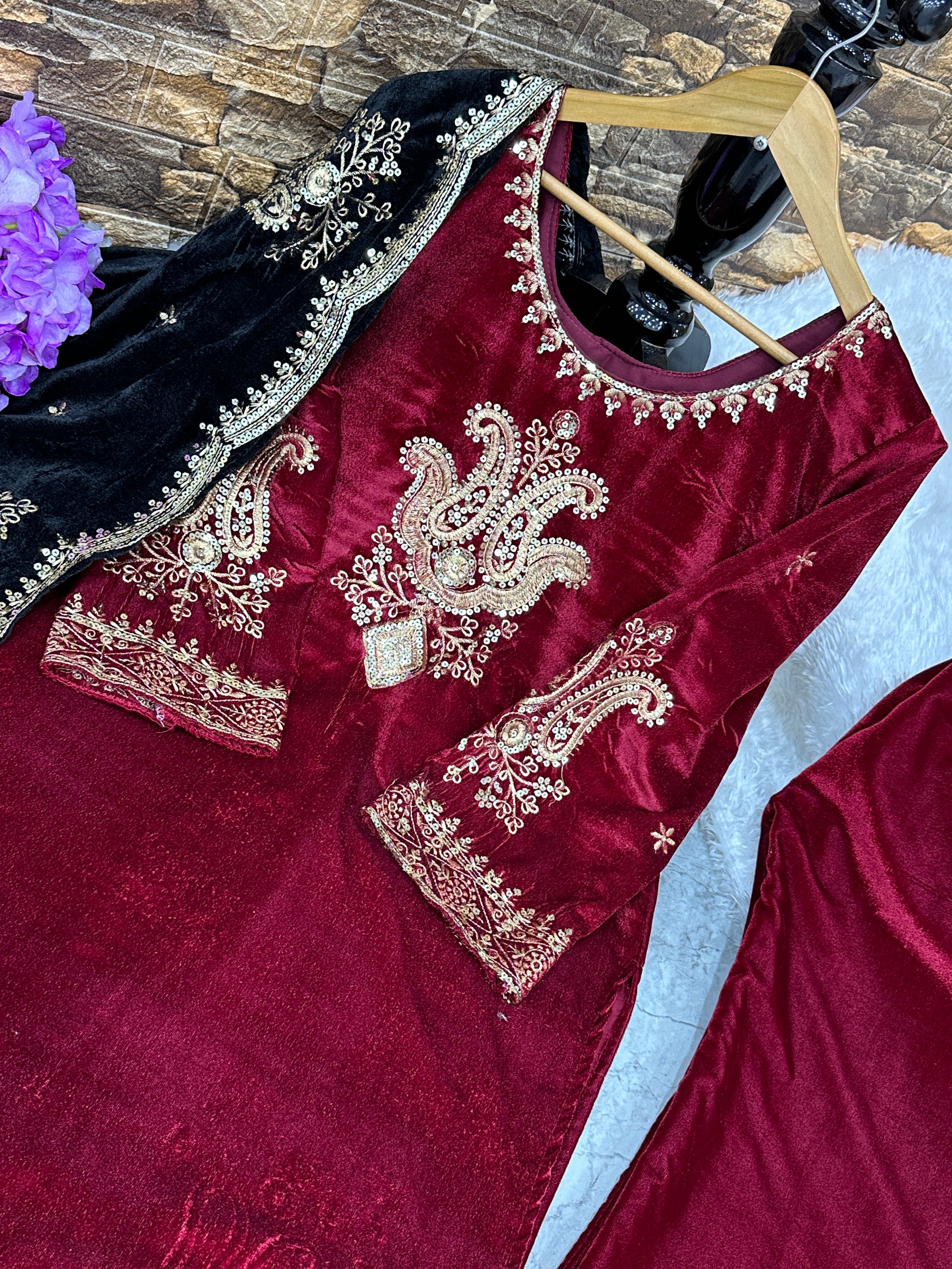Party Wear Look Beautiful Velvet Top Bottom And Dupatta