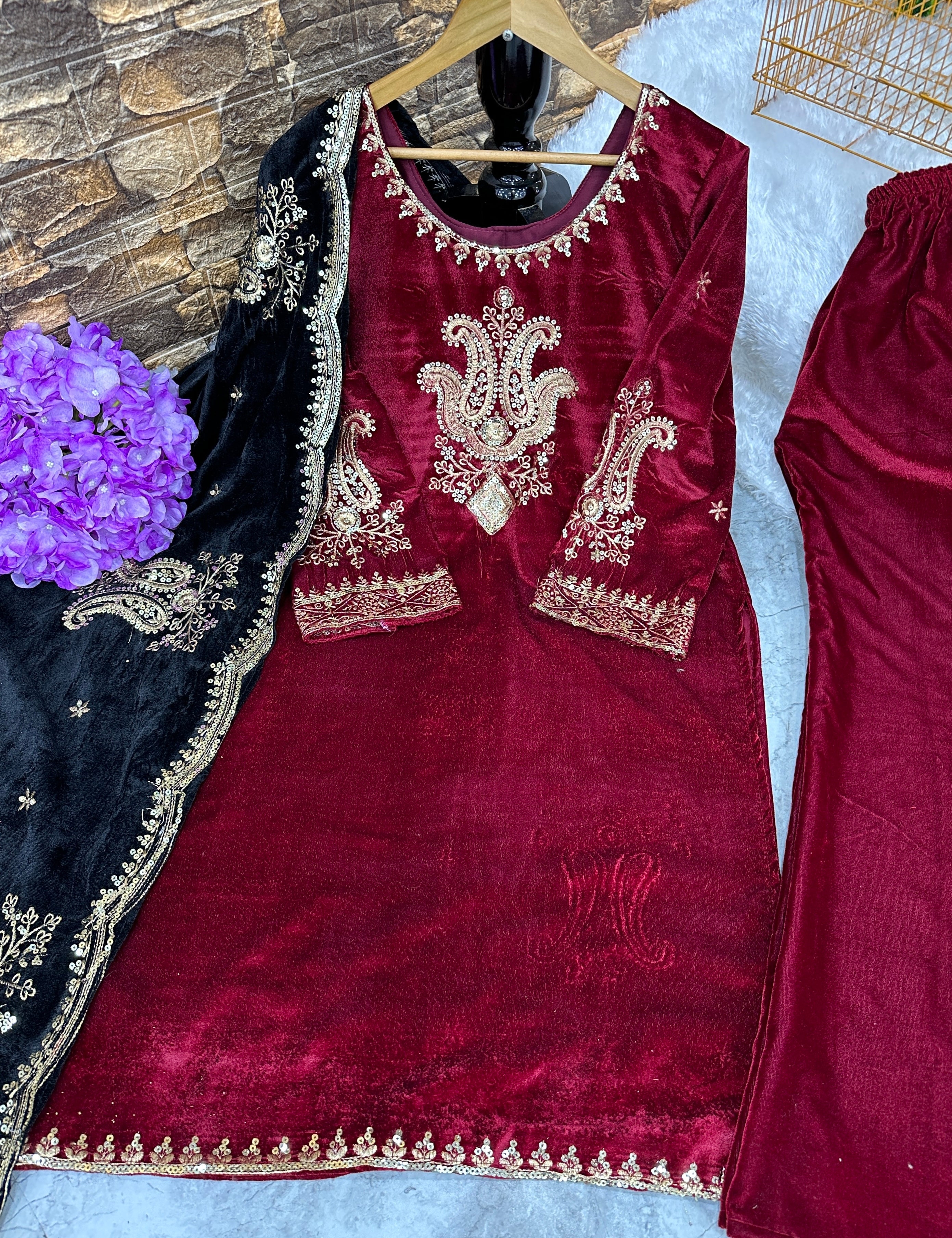 Party Wear Look Beautiful Velvet Top Bottom And Dupatta