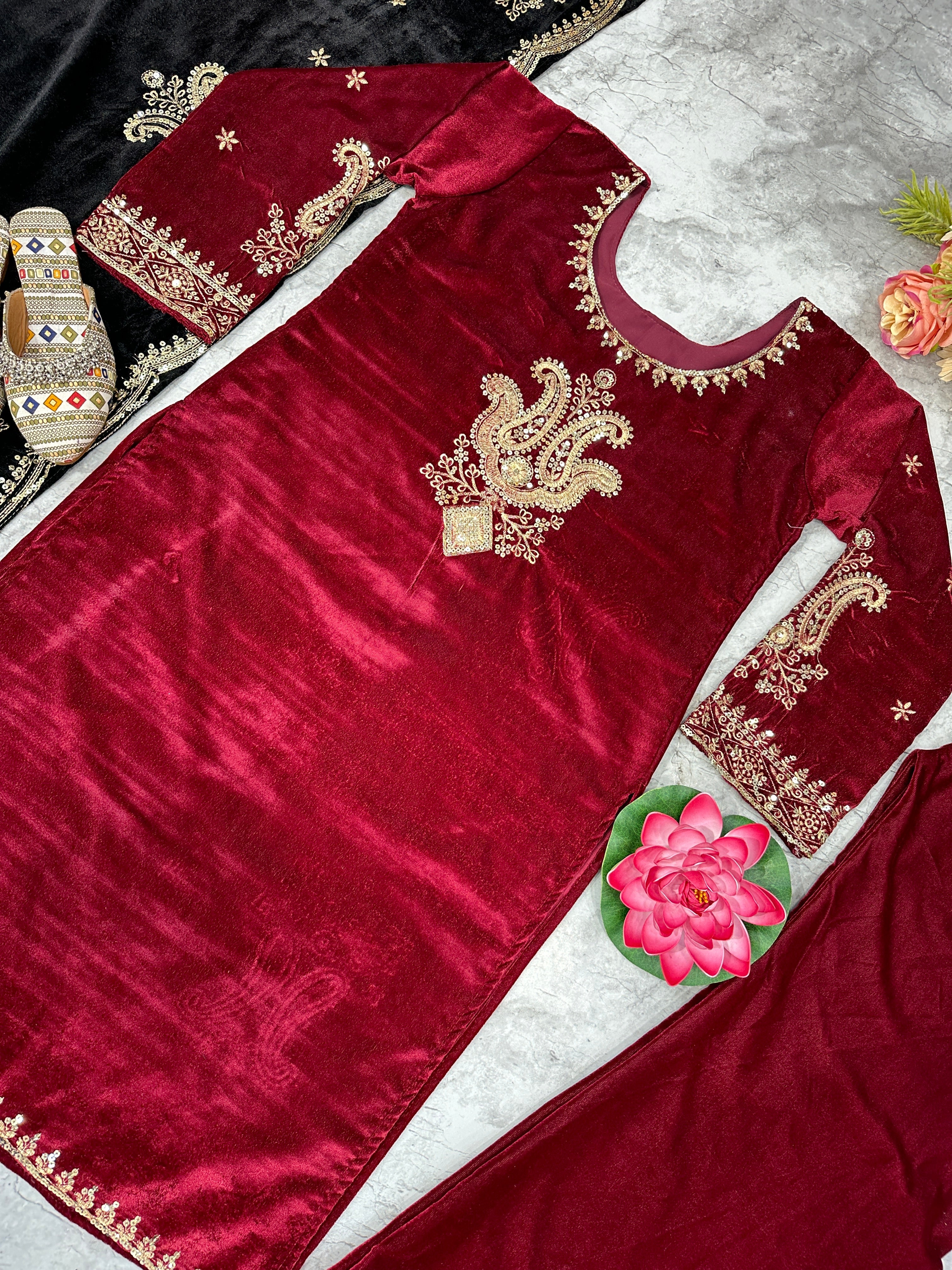Party Wear Look Beautiful Velvet Top Bottom And Dupatta