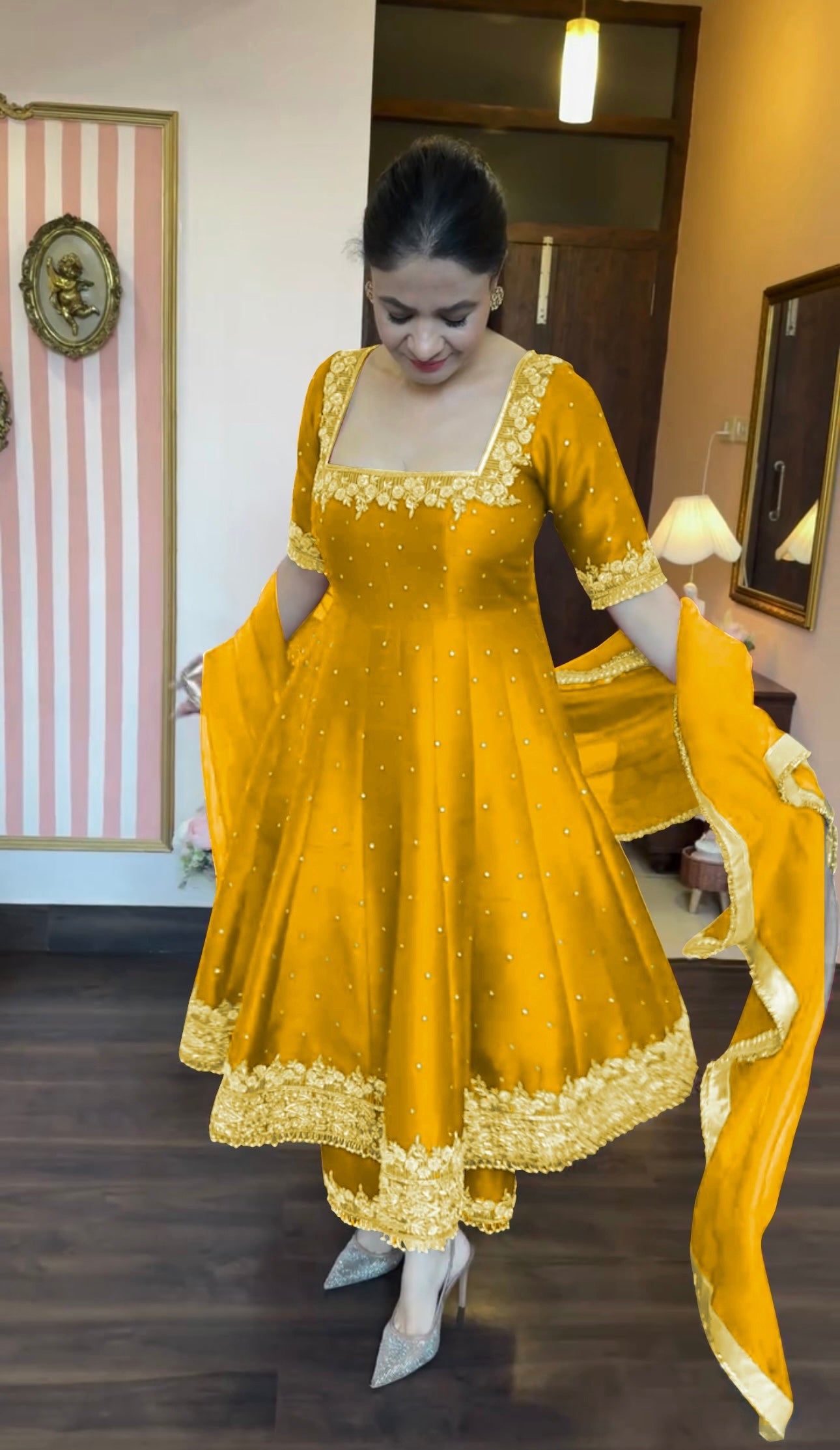 Party Wear Look Pure Vichitra Silk Anarkali Gown, Dupatta & Pent Plazzo Set