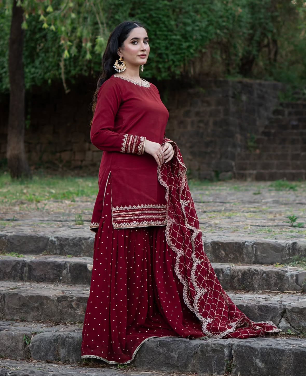 Beautiful Party Wear Top And Sharara With Dupatta With Embroidery Work