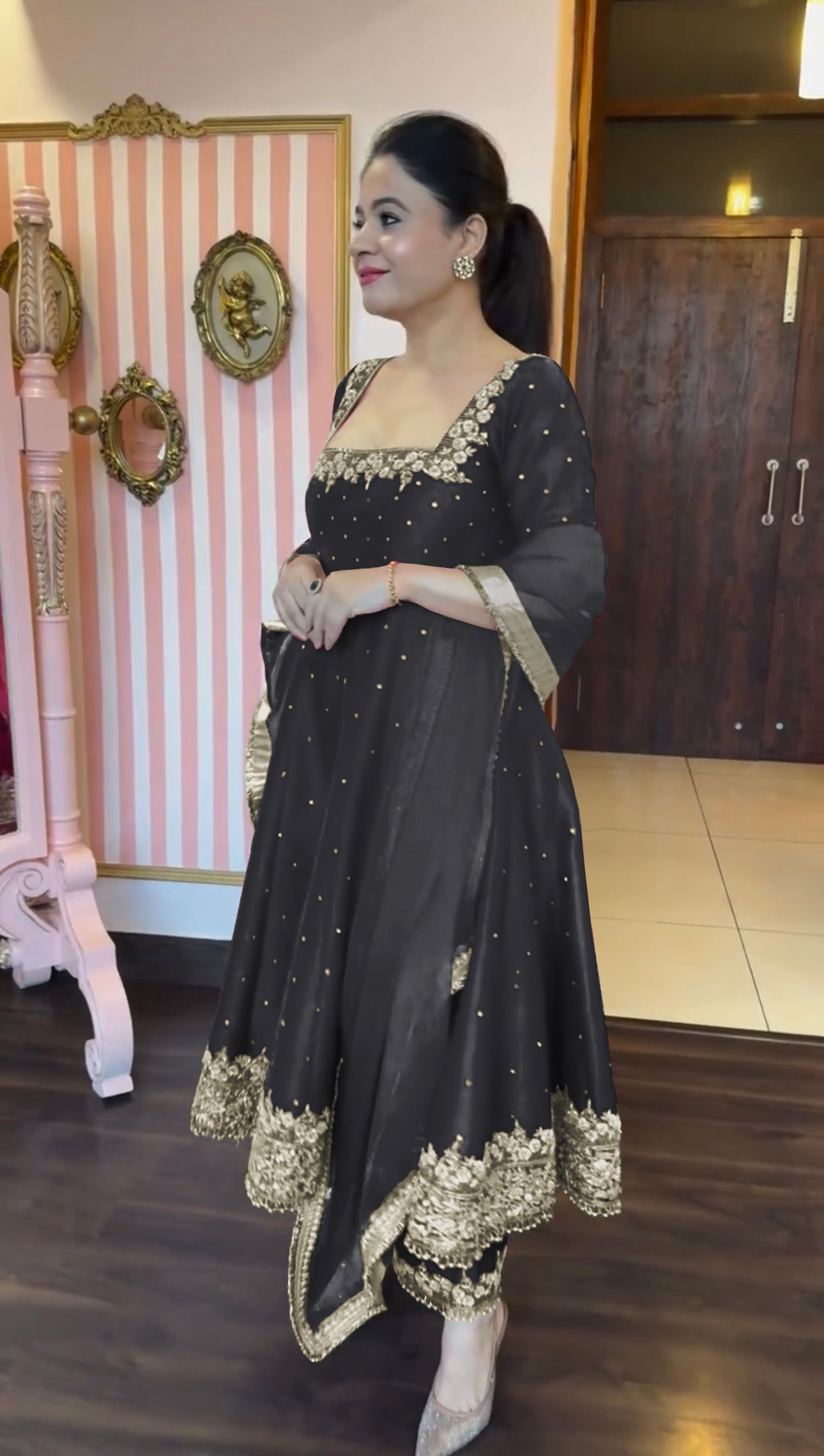 Party Wear Look Pure Vichitra Silk Anarkali Gown, Dupatta & Pent Plazzo Set