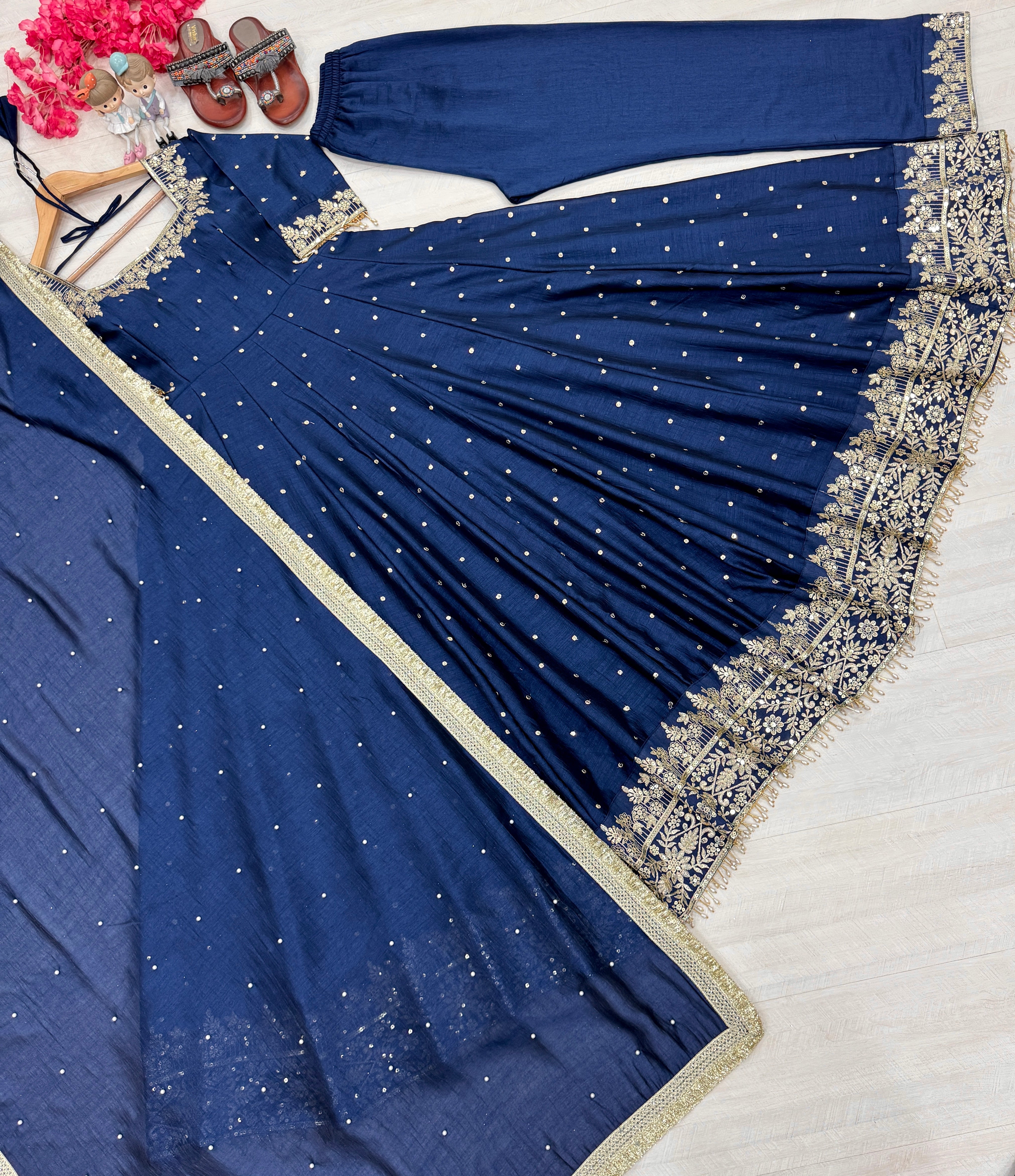 Party Wear Look Pure Vichitra Silk Anarkali Gown, Dupatta & Pent Plazzo Set