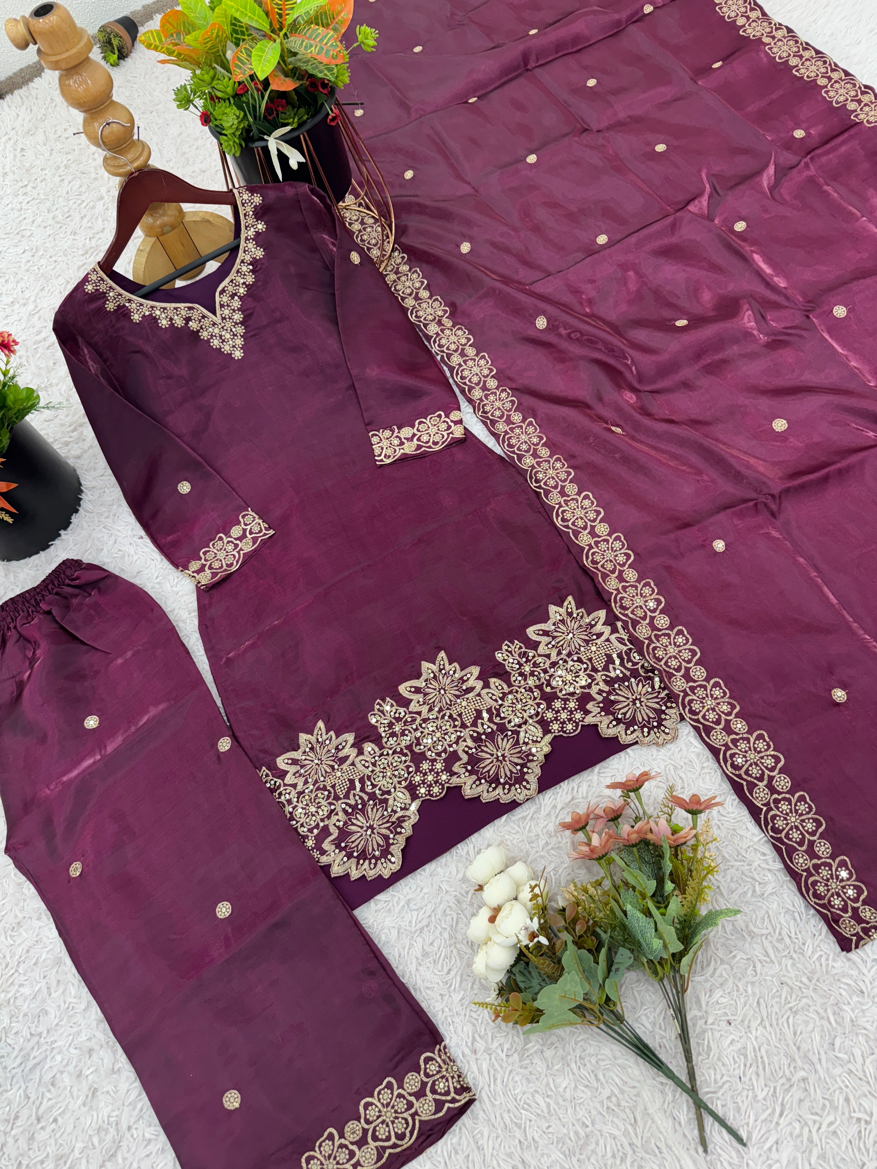 Party Wear Top-Bottom And Dupatta With Embroidery Sequence Work