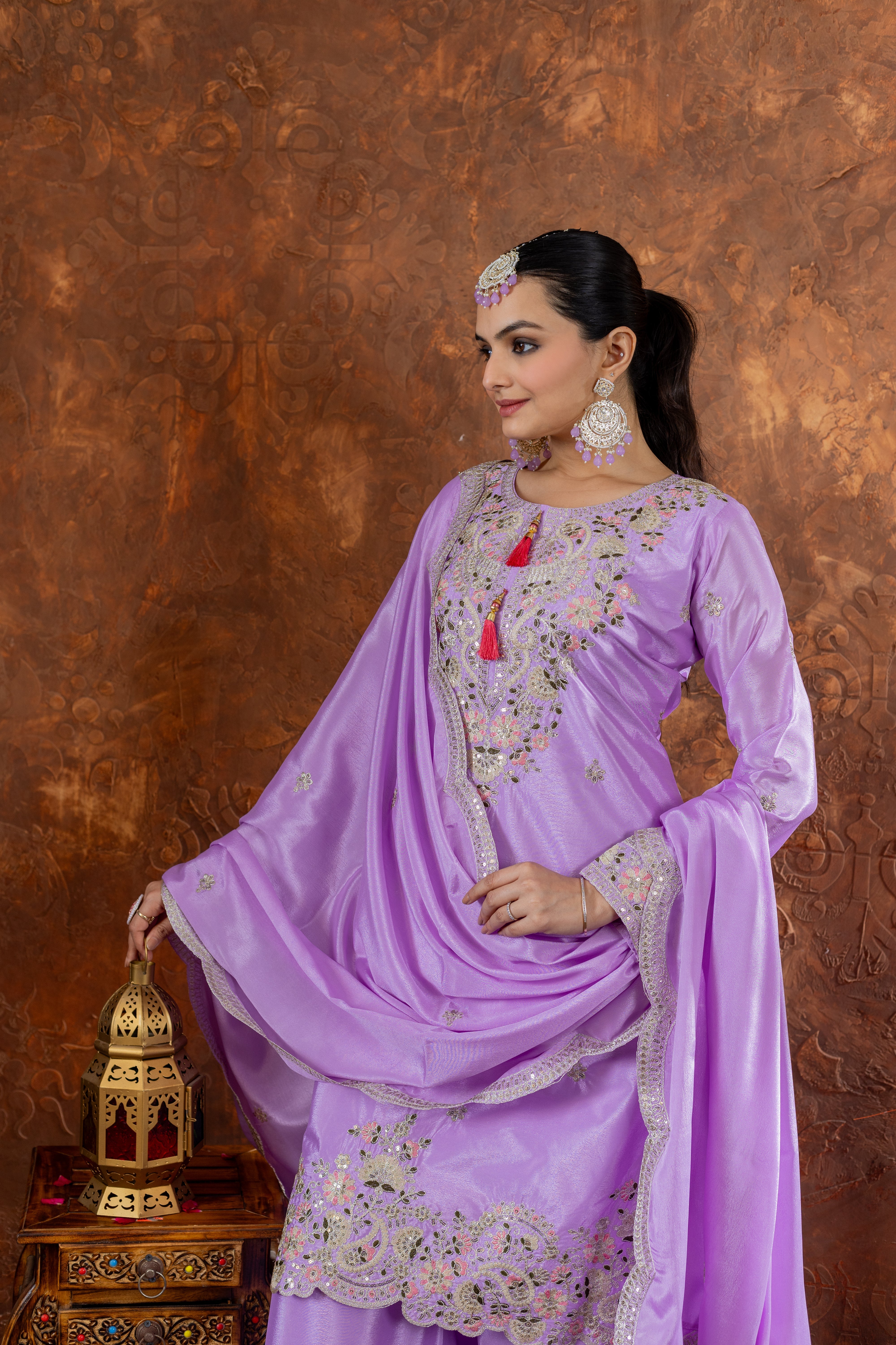 Designer Party Wear Look Pure Chinon Silk Top Plazzo & Dupatta Set