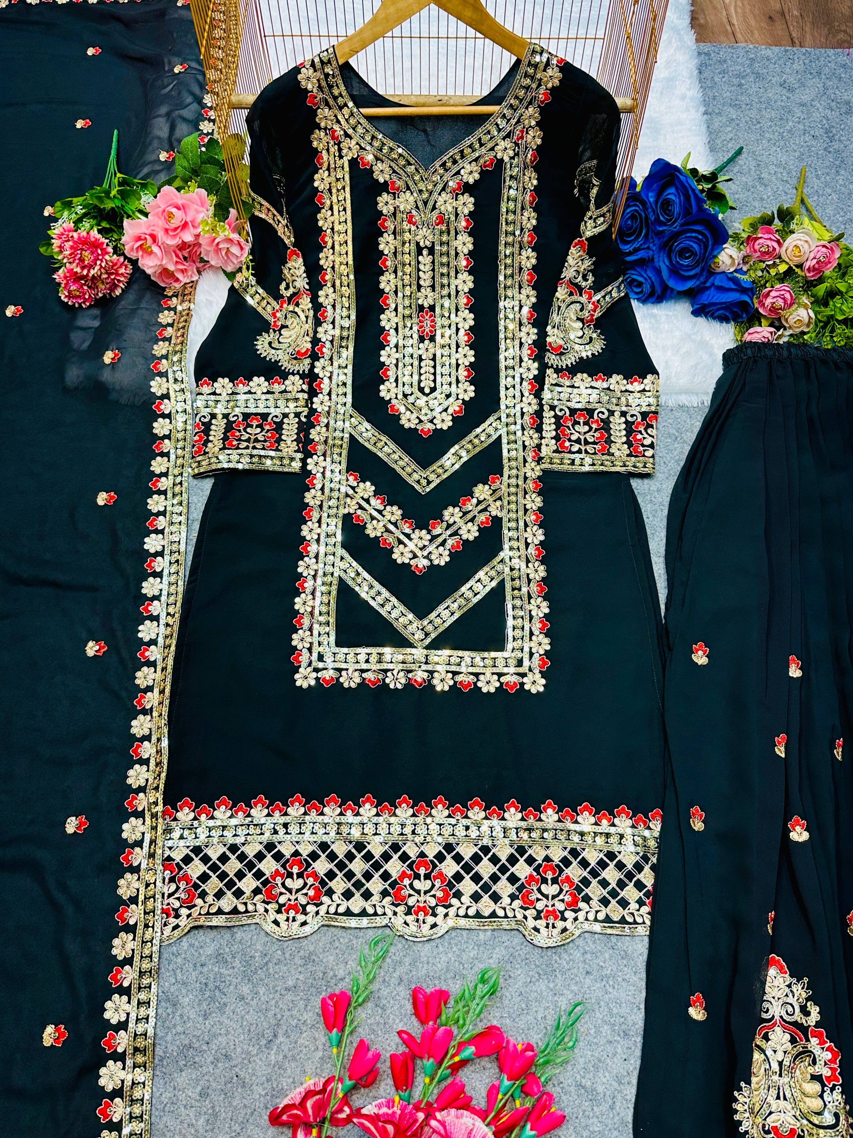 Designer Top Bottom And Dupatta With Embroidery Work