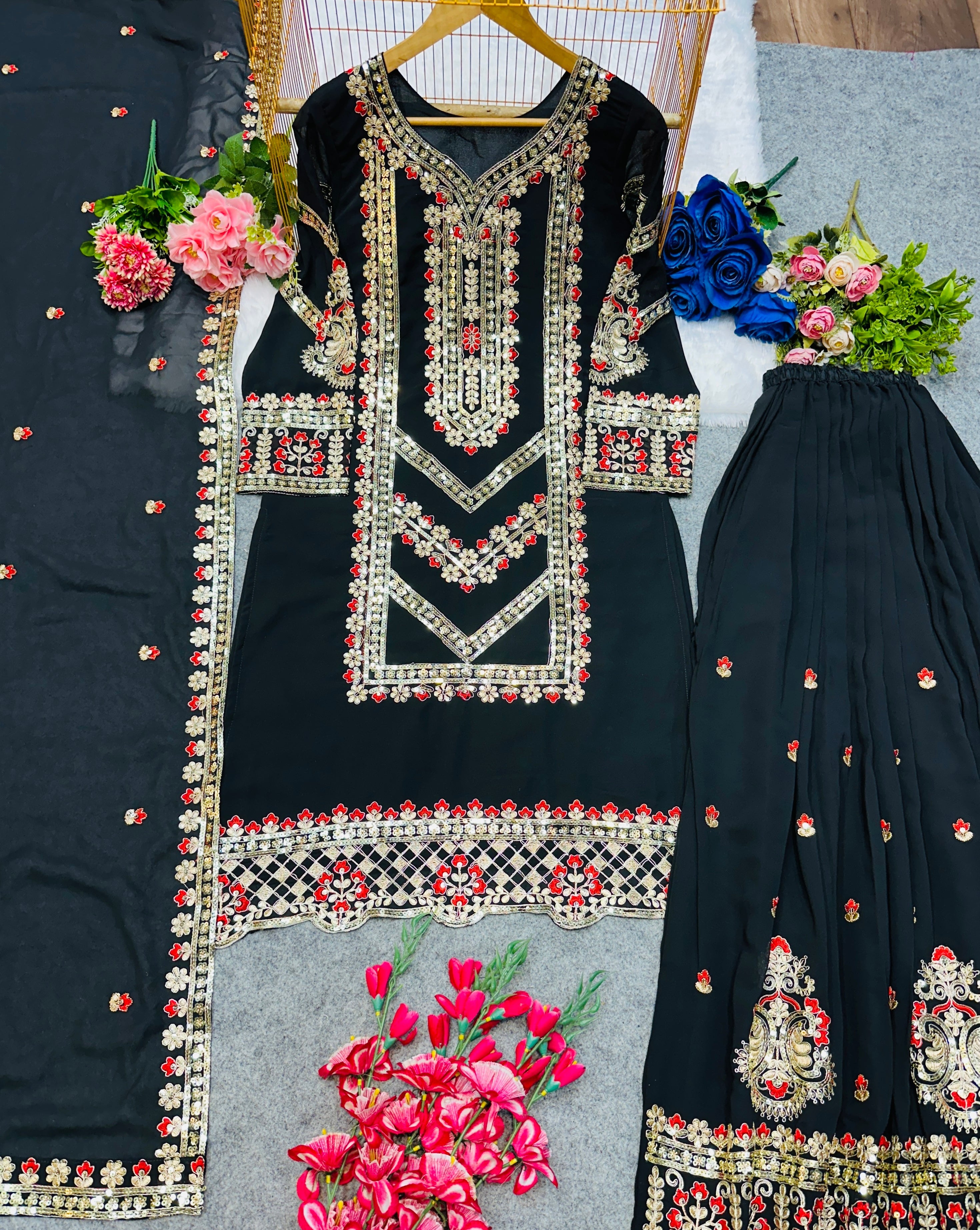 Designer Top Bottom And Dupatta With Embroidery Work