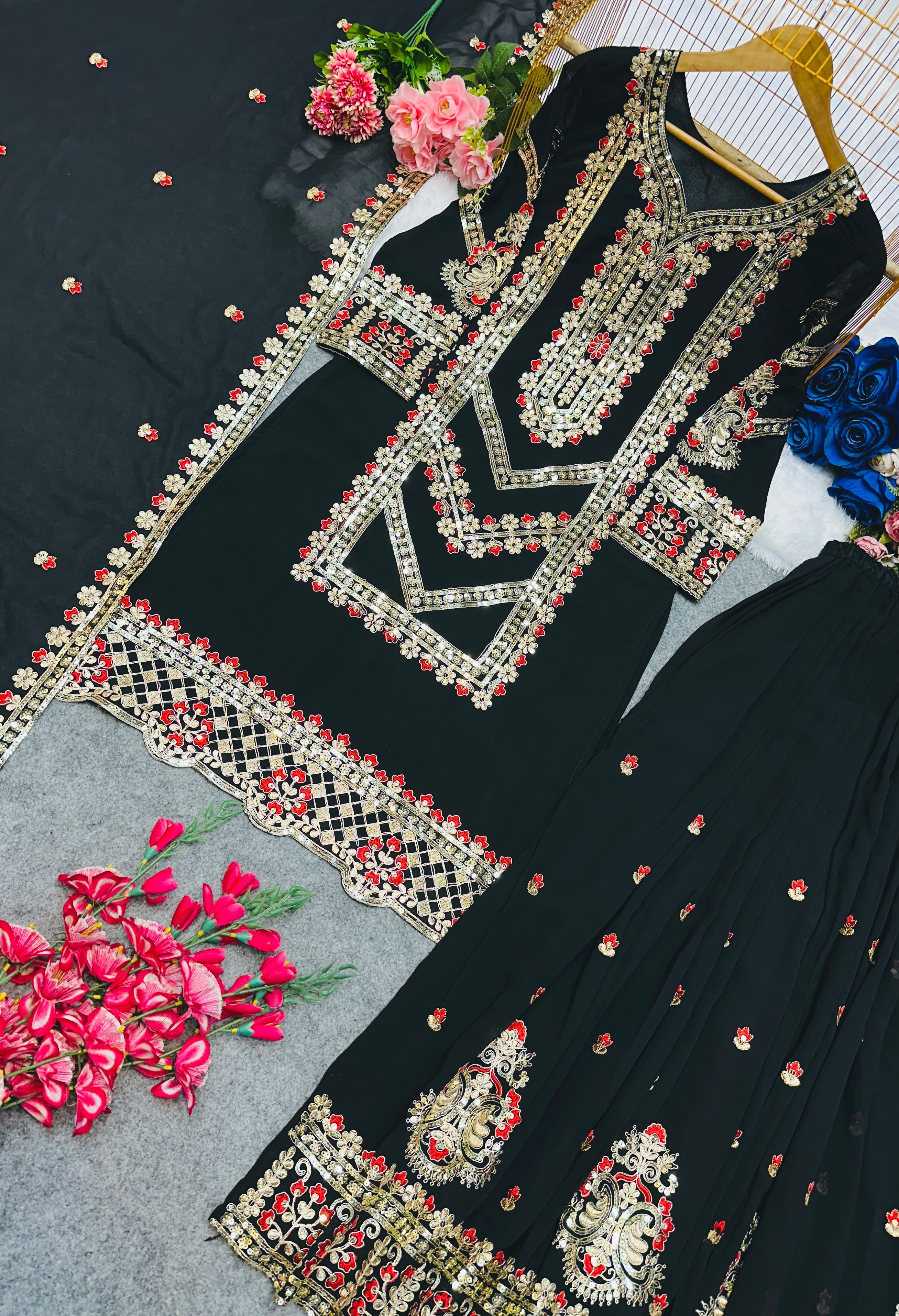 Designer Top Bottom And Dupatta With Embroidery Work