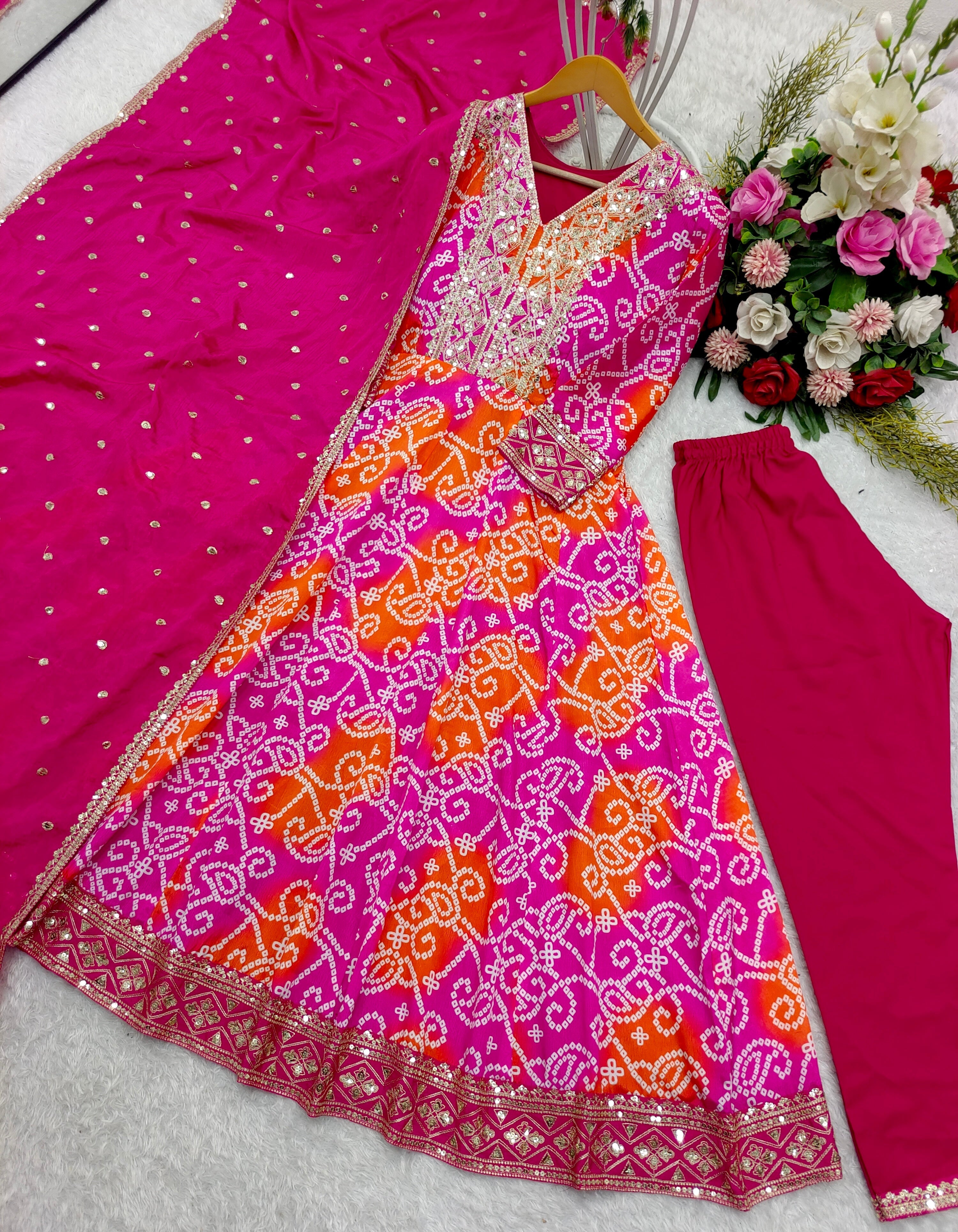 Designer Anarkali Gown -Pent And Dupatta With Digital Print