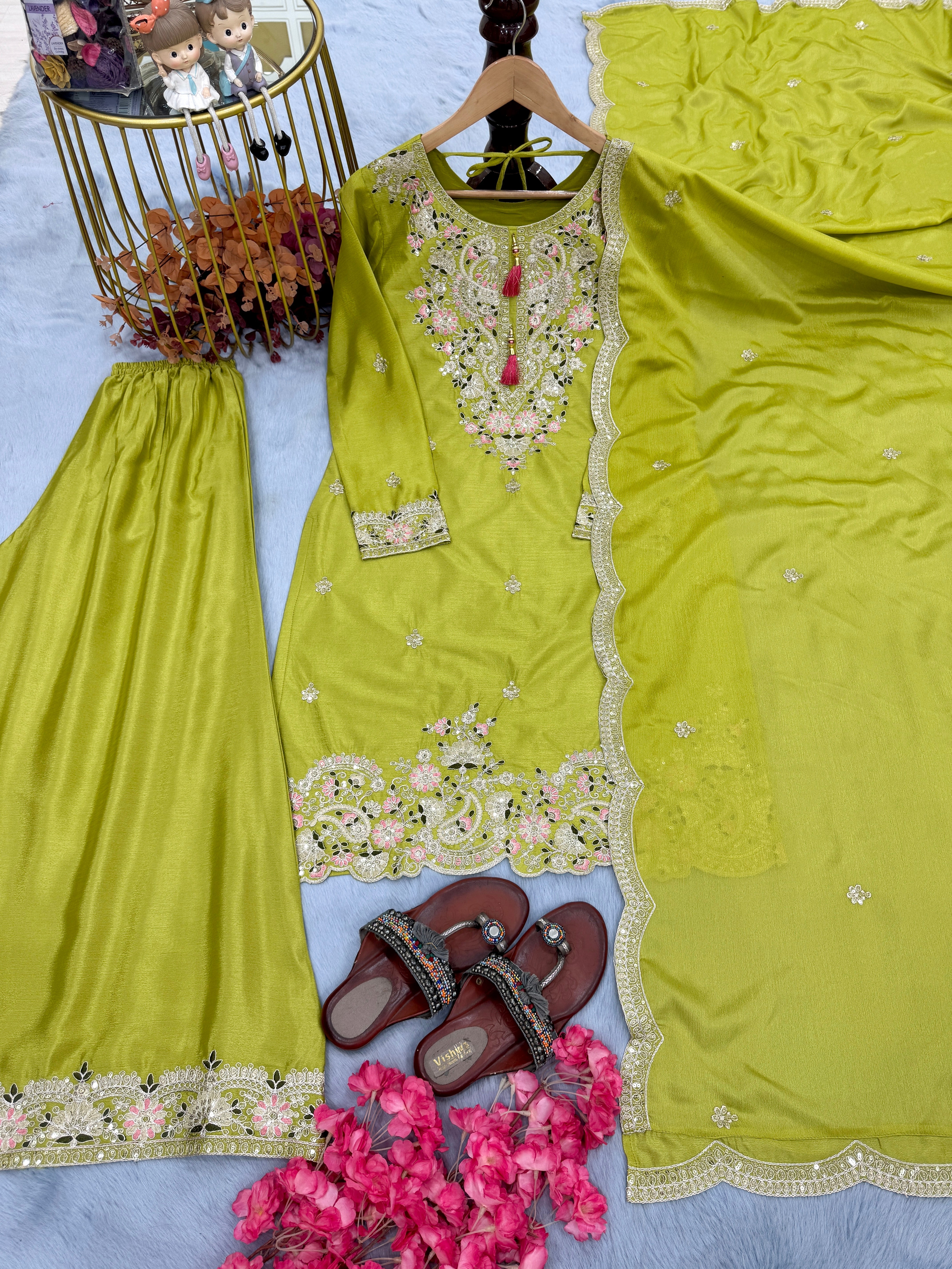 Designer Party Wear Look Pure Chinon Silk Top Plazzo & Dupatta Set