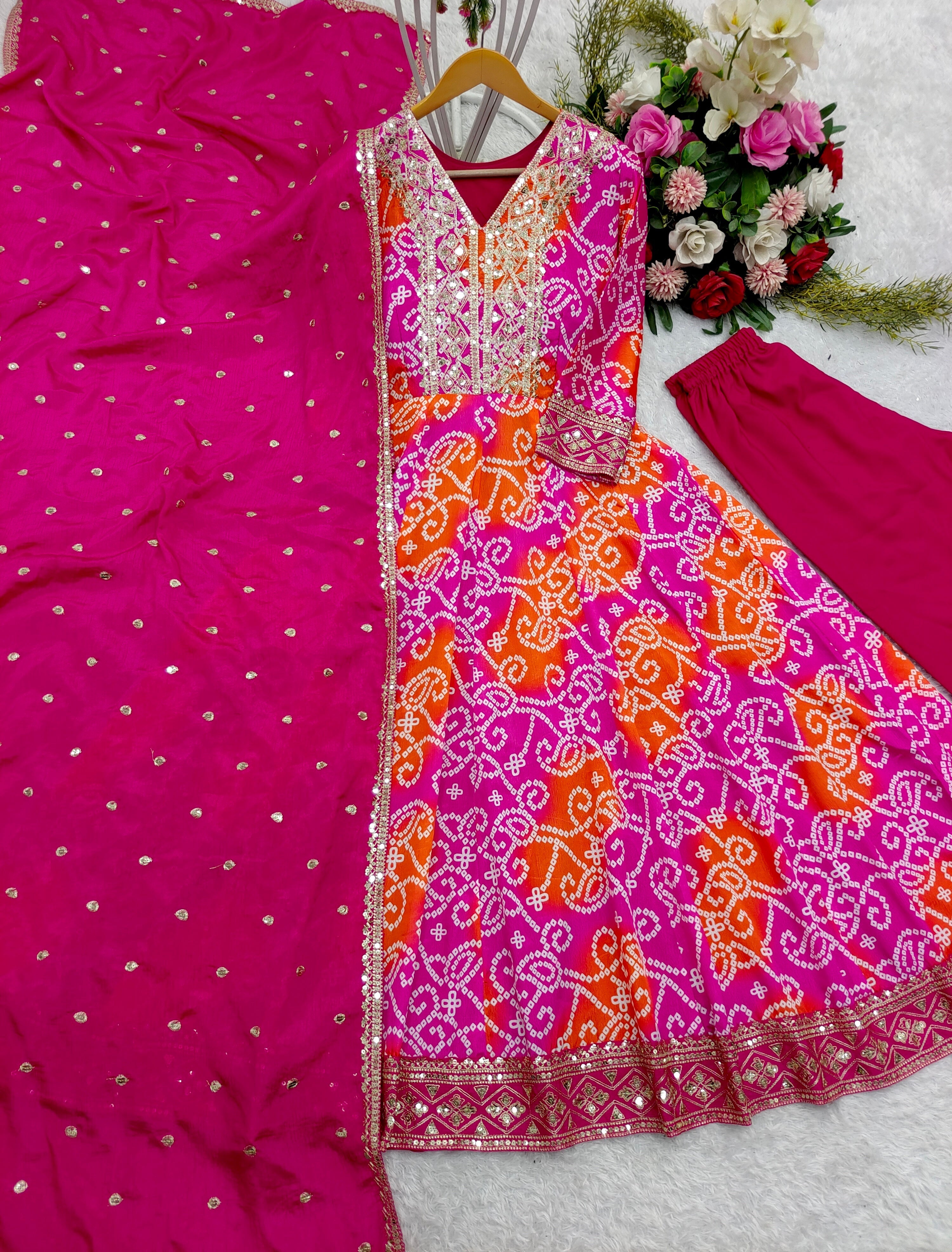 Designer Anarkali Gown -Pent And Dupatta With Digital Print