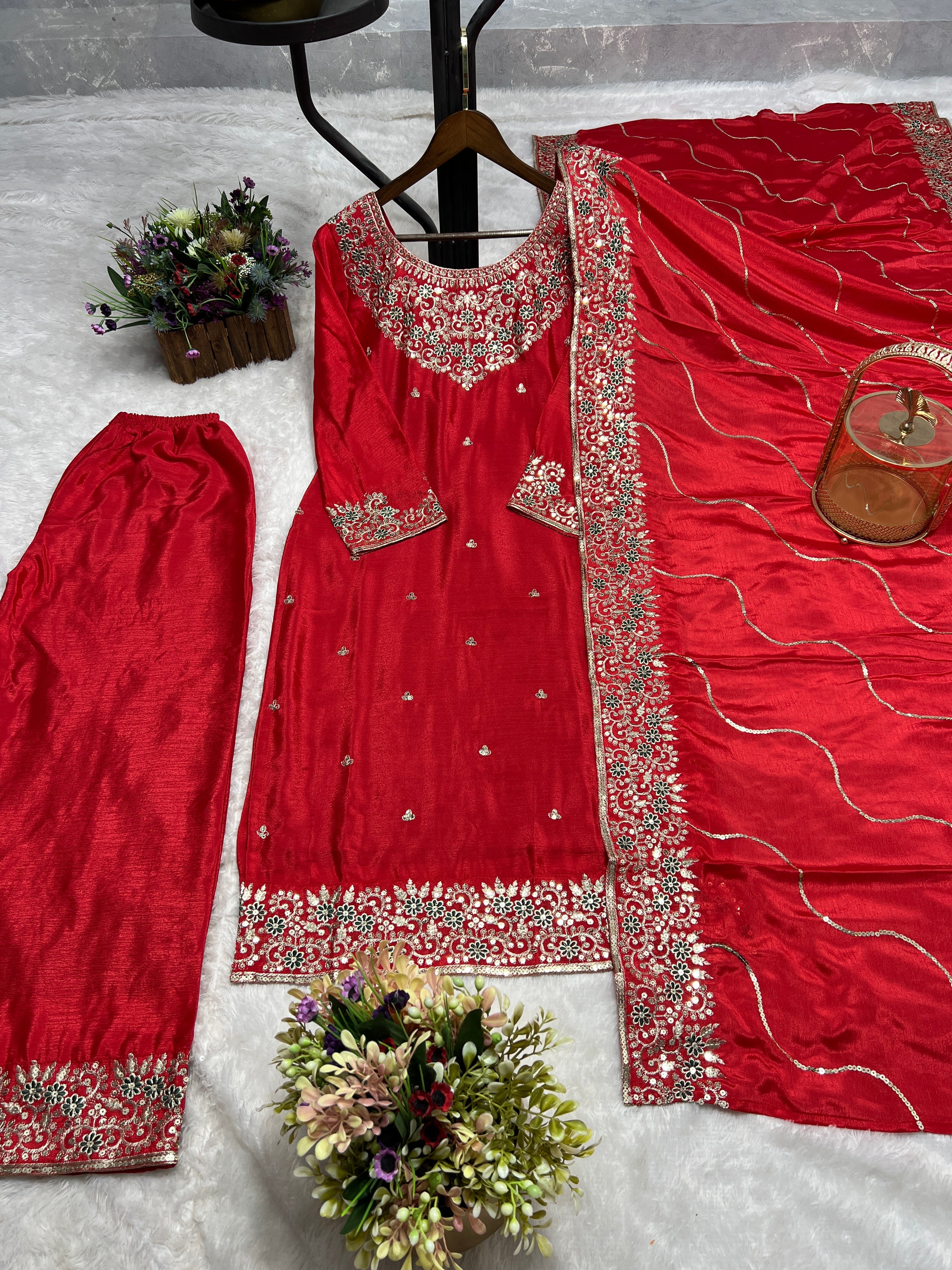 Party Wear Beautiful Kurti Pent And Dupatta With Embroidery Work