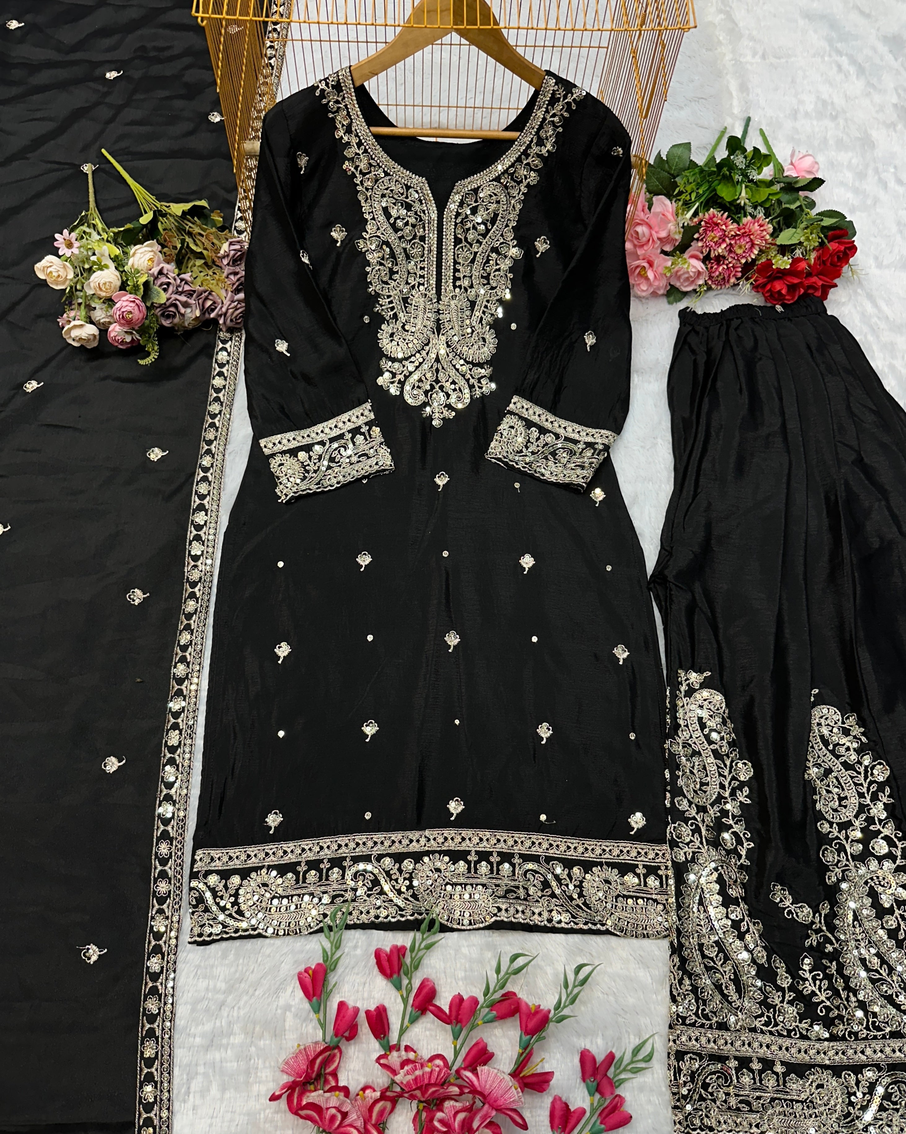 Party Wear Top Sarara And Dupatta With Embroidery Work