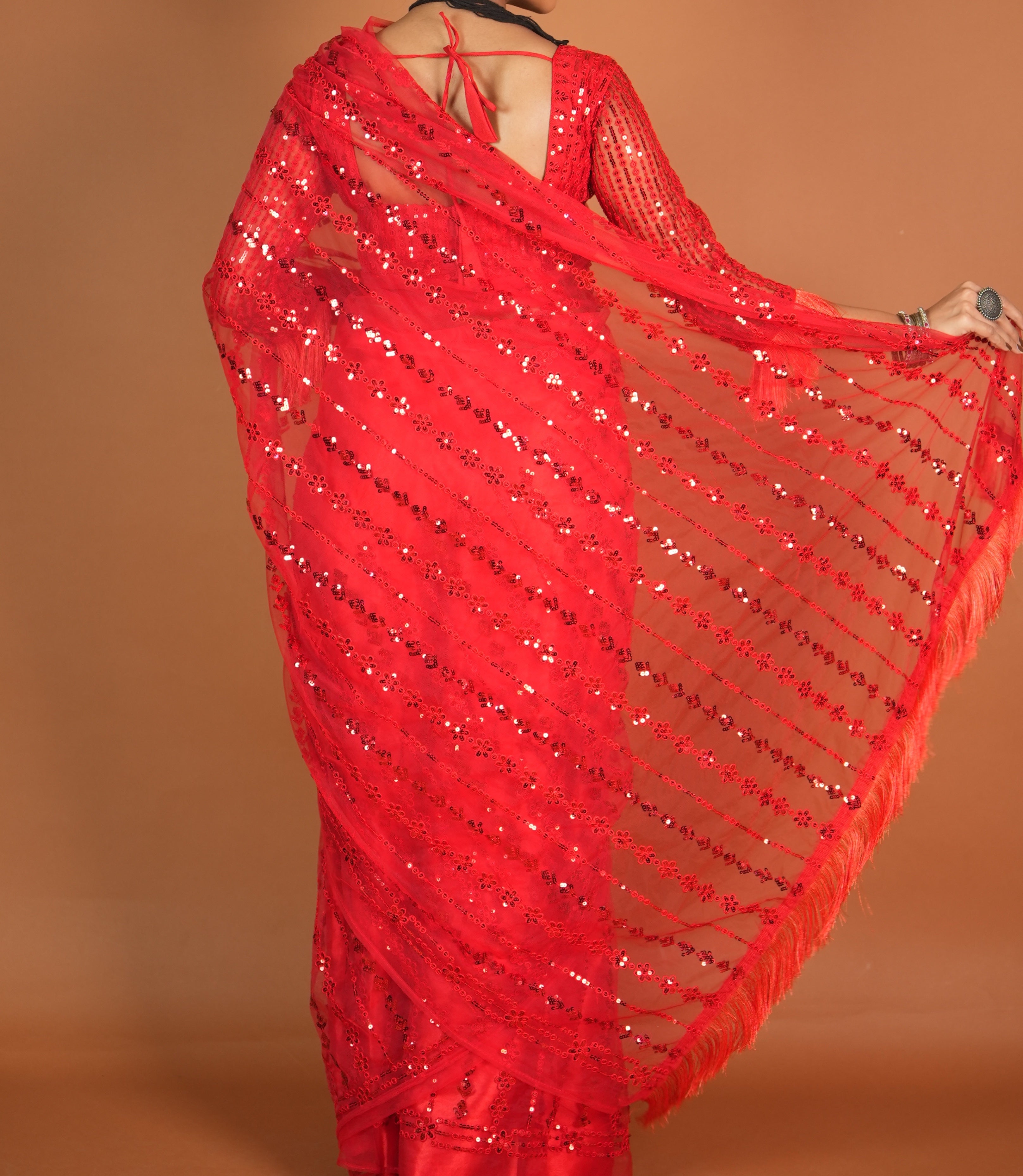 Party Wear Beautiful Saree With Rainbow Sequence & Thread Work