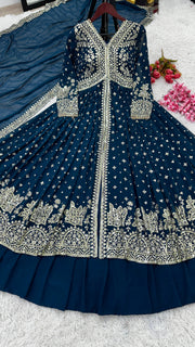 Designer Party Wear Look Gown With Lehenga And Dupatta