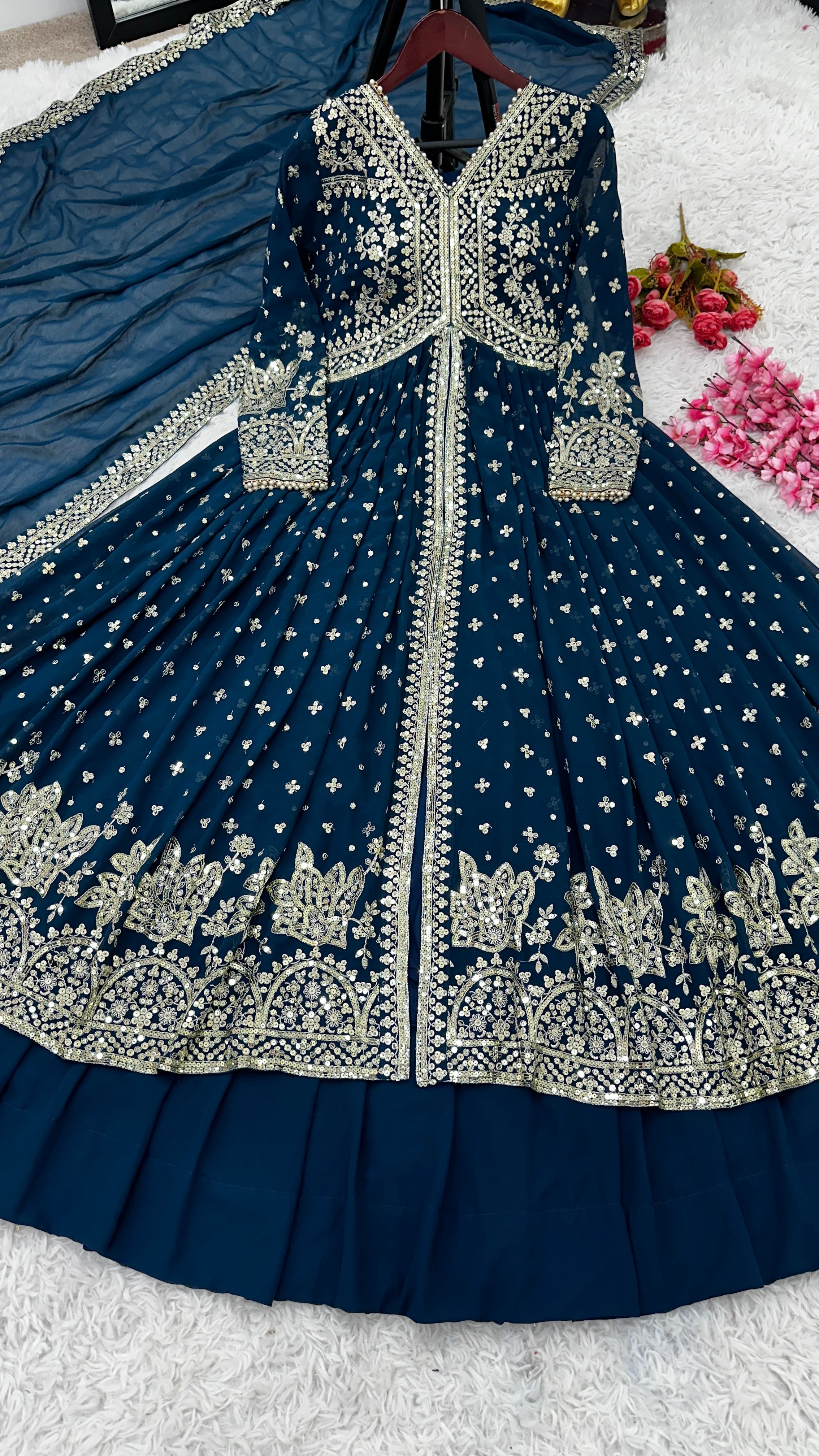 Designer Party Wear Look Gown With Lehenga And Dupatta