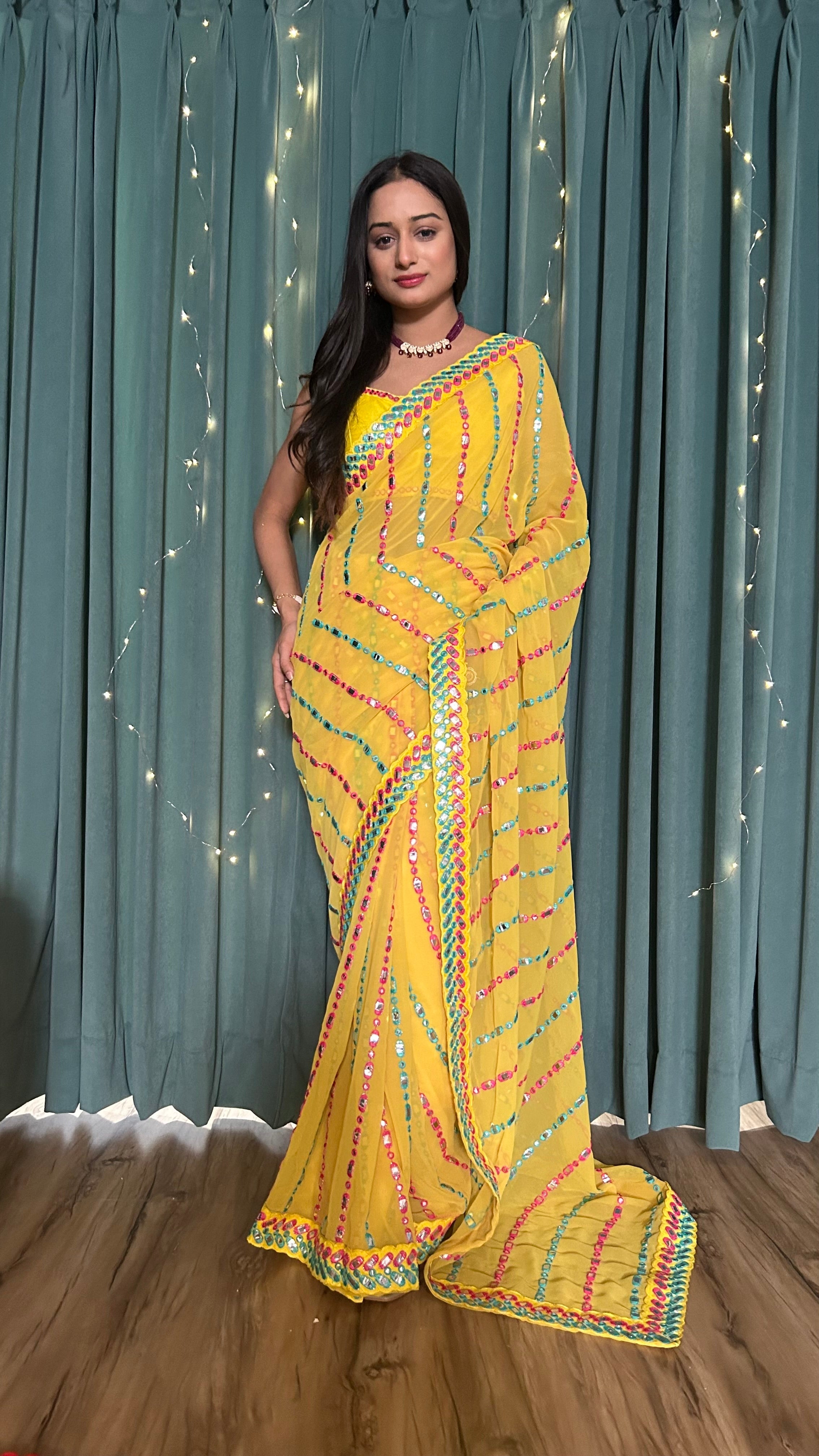 Party Wear Beautiful Saree With Thread & Paper Mirror Work
