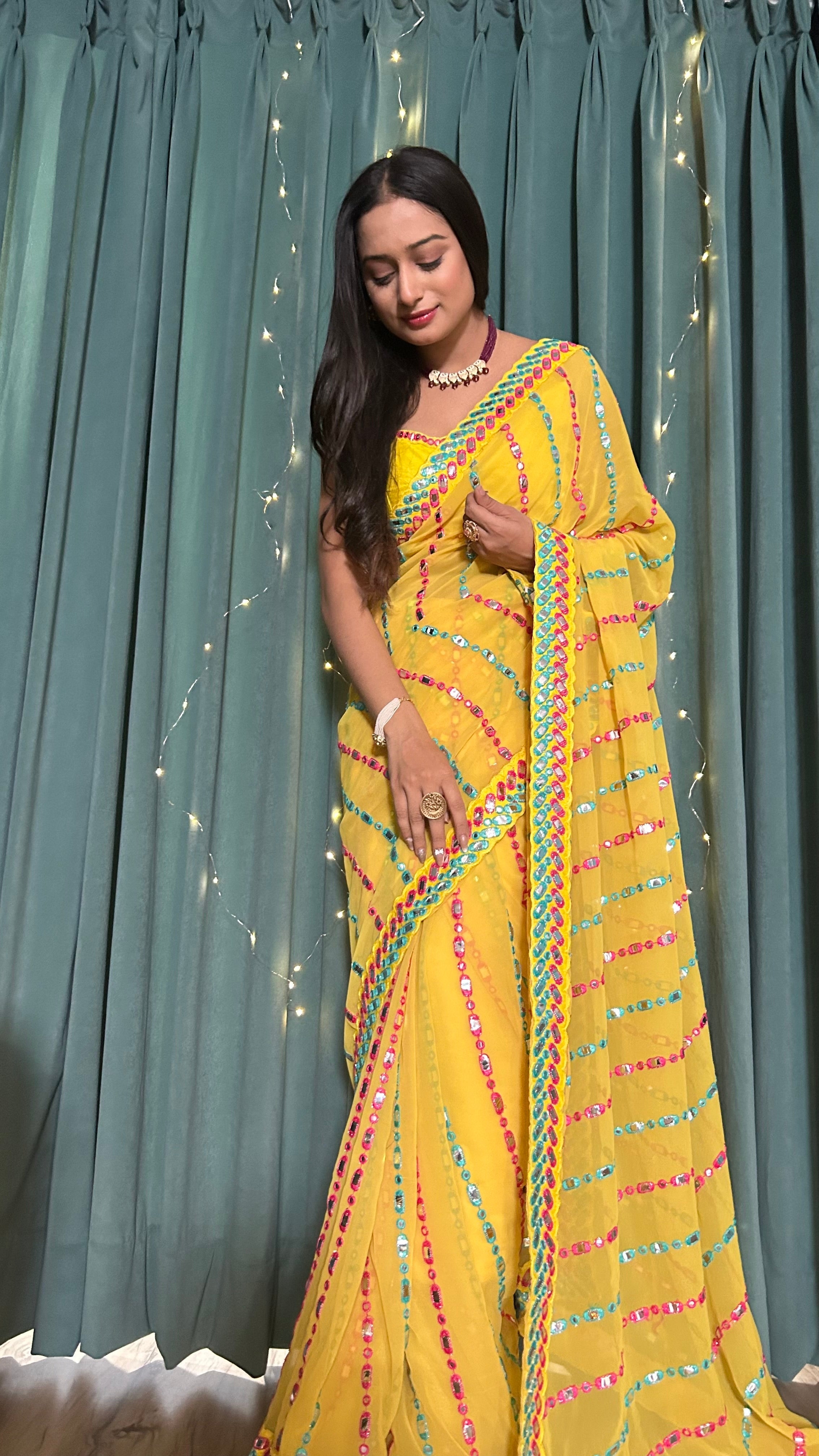 Party Wear Beautiful Saree With Thread & Paper Mirror Work